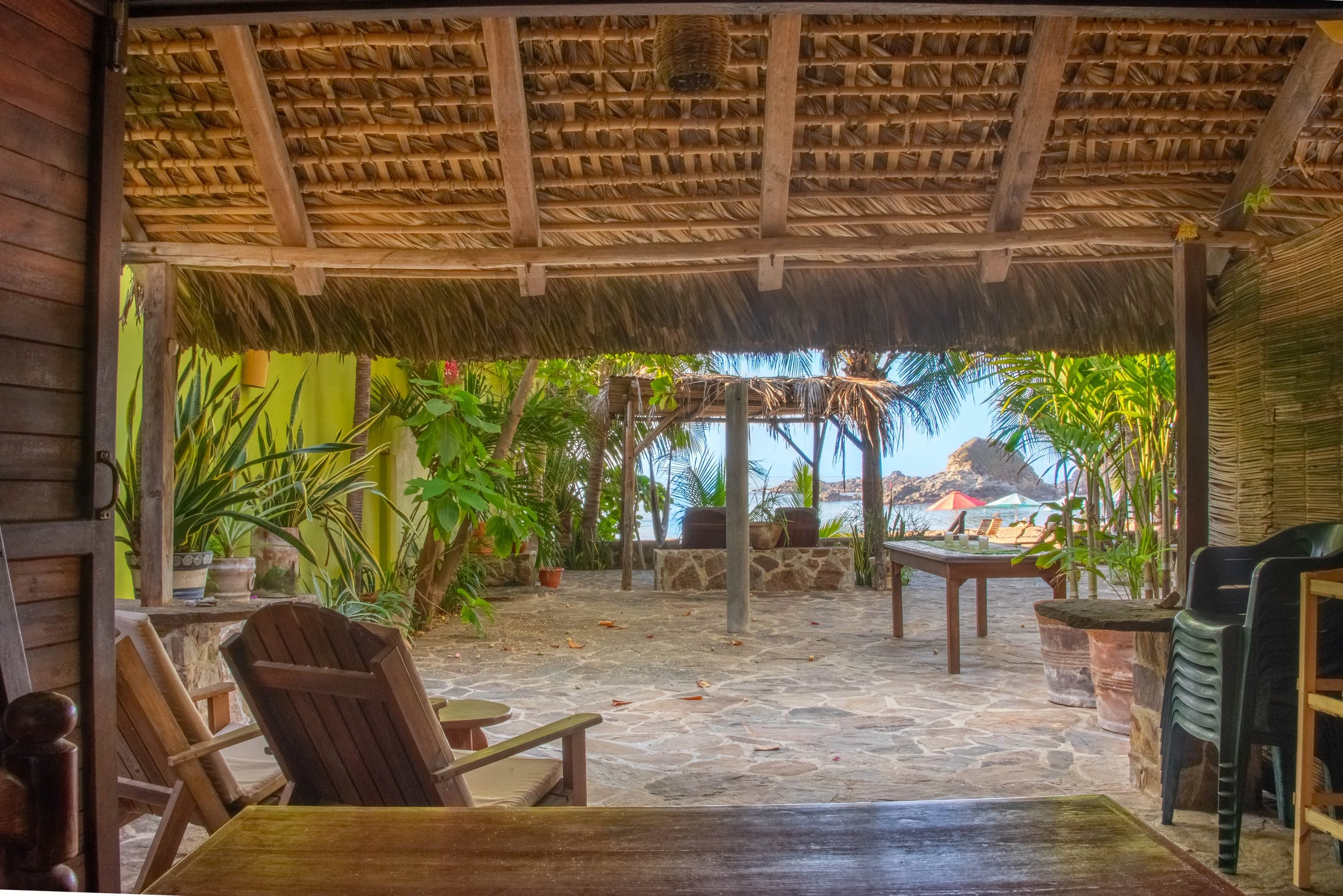 View to outside from the kitchen of Suite II at oceano vacation rental in San Agustinillo in Oaxaca Mexico.