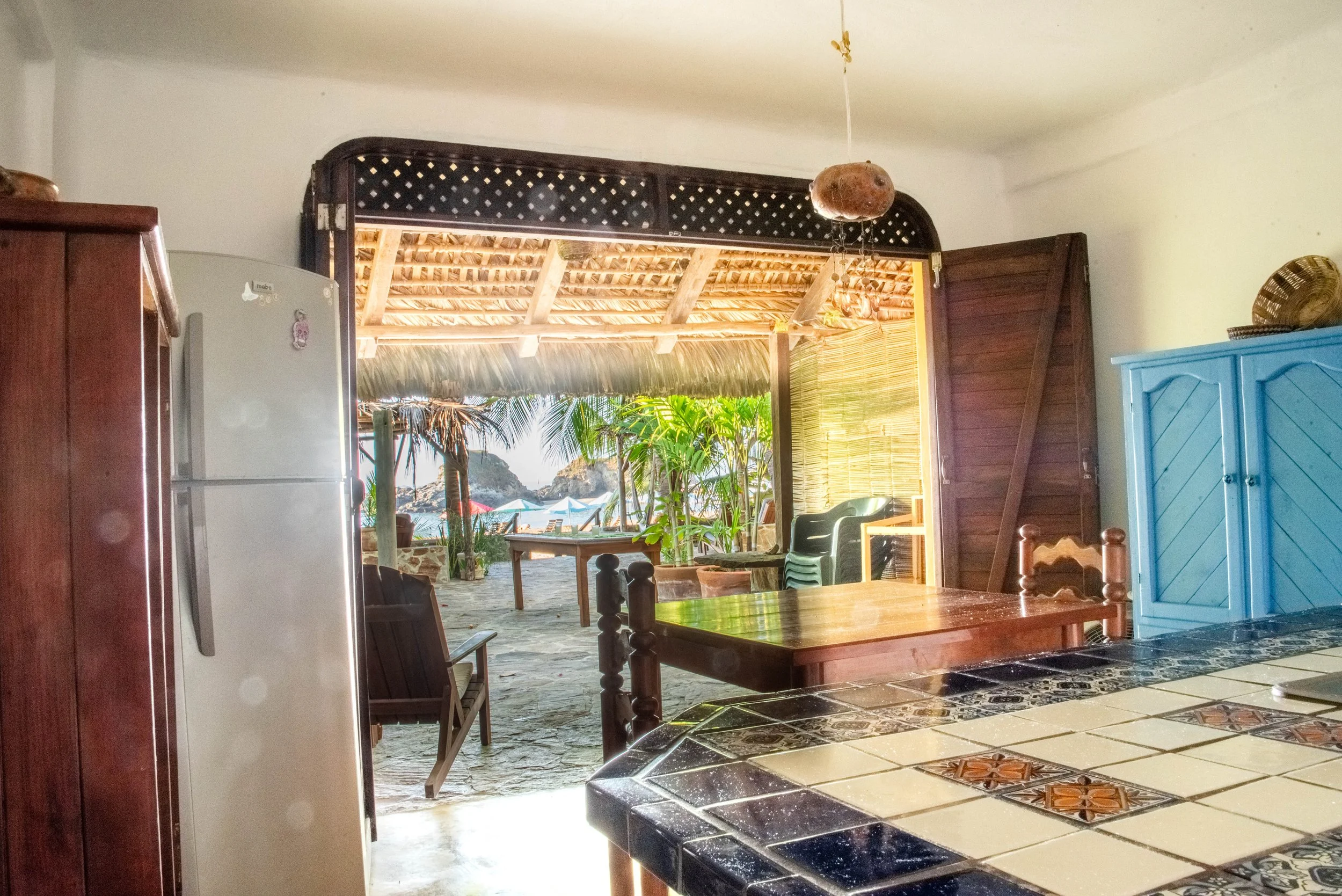 View to outside from the kitchen of Suite II at oceano vacation rental in San Agustinillo in Oaxaca Mexico.