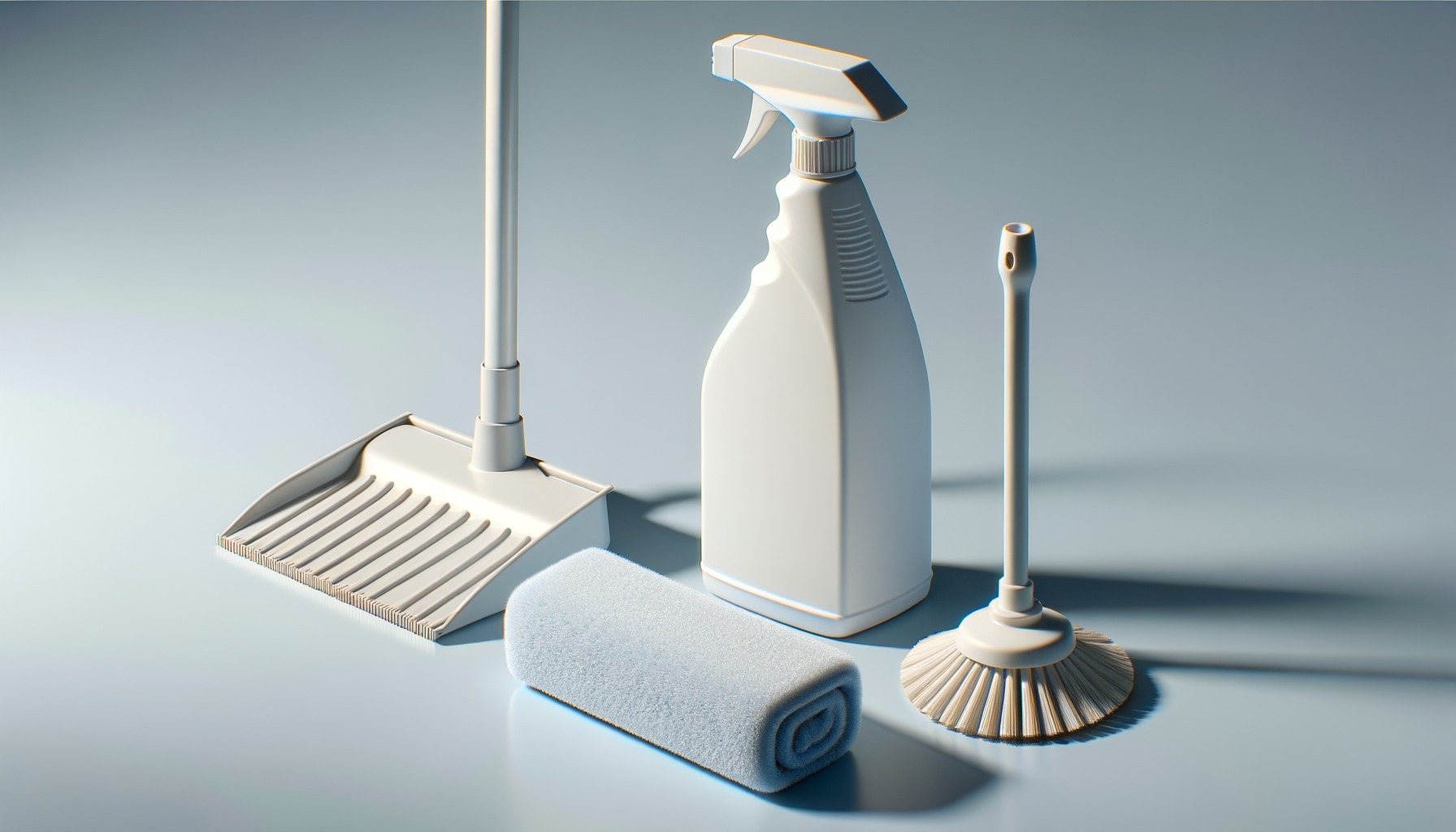 Cleaning supplies including a mop, spray bottle, squeegee, scrub brush, and towel on a light background.