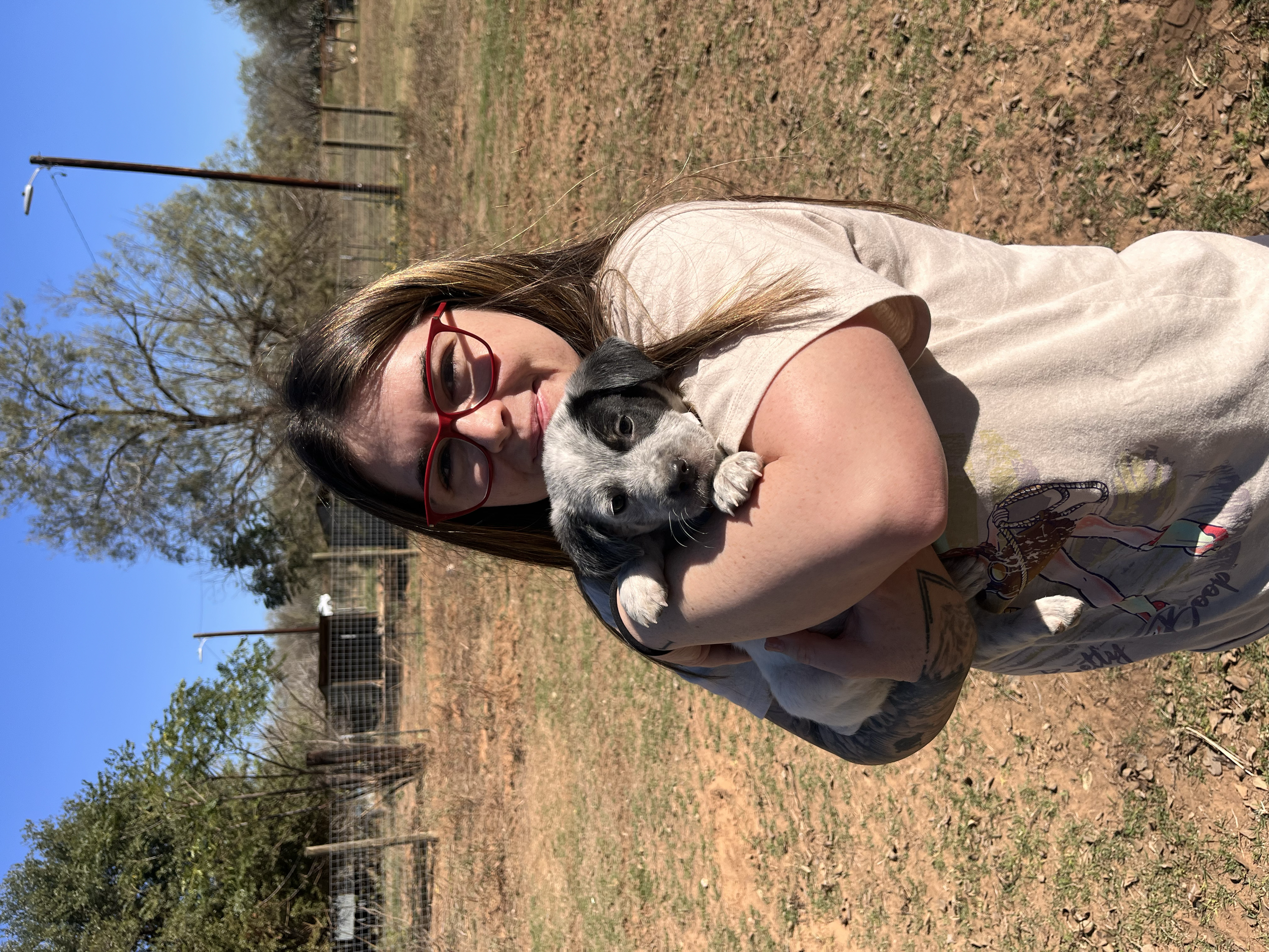 A woman with red glasses hugging a young black and white puppy outdoors on a sunny day with trees and a wire fence in the background.