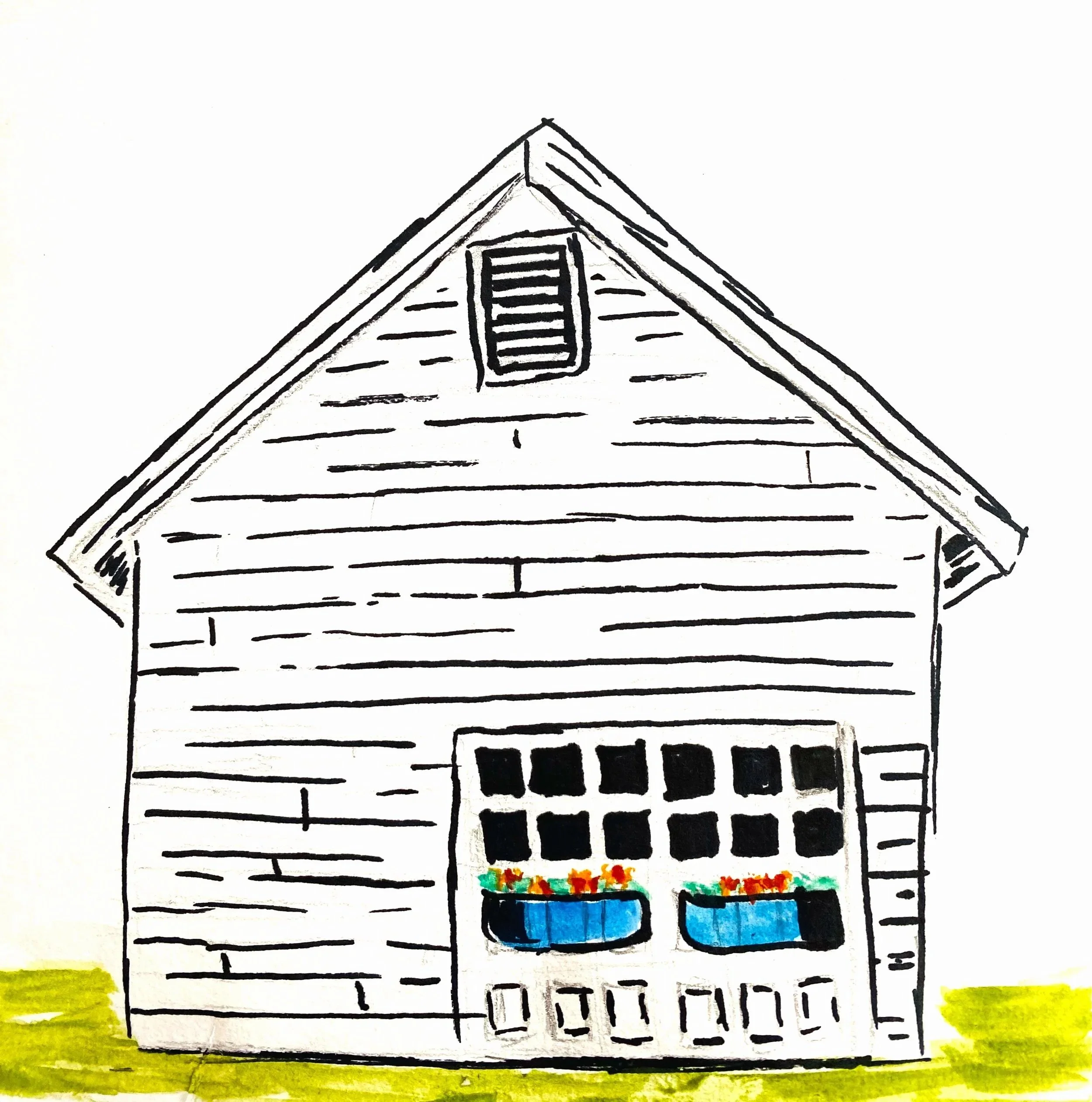Hand-drawn black and white house with two blue window boxes filled with flowers, yellow grass at the base, gable roof, small attic window, and front door with multiple panels.
