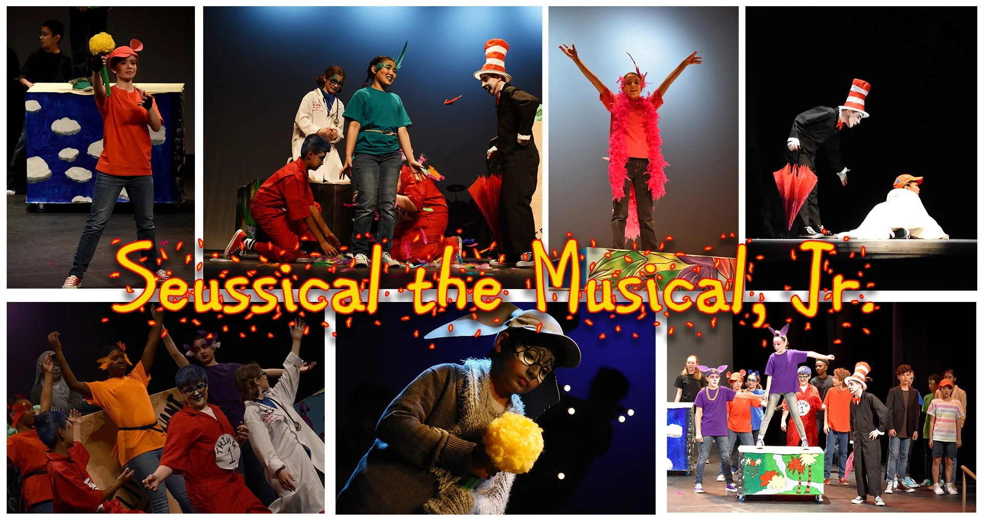 Collage of scenes from 'Seussical the Musical, Jr.', featuring children and young performers in colorful costumes and theatrical settings, with playful and whimsical props and backdrops on stage.