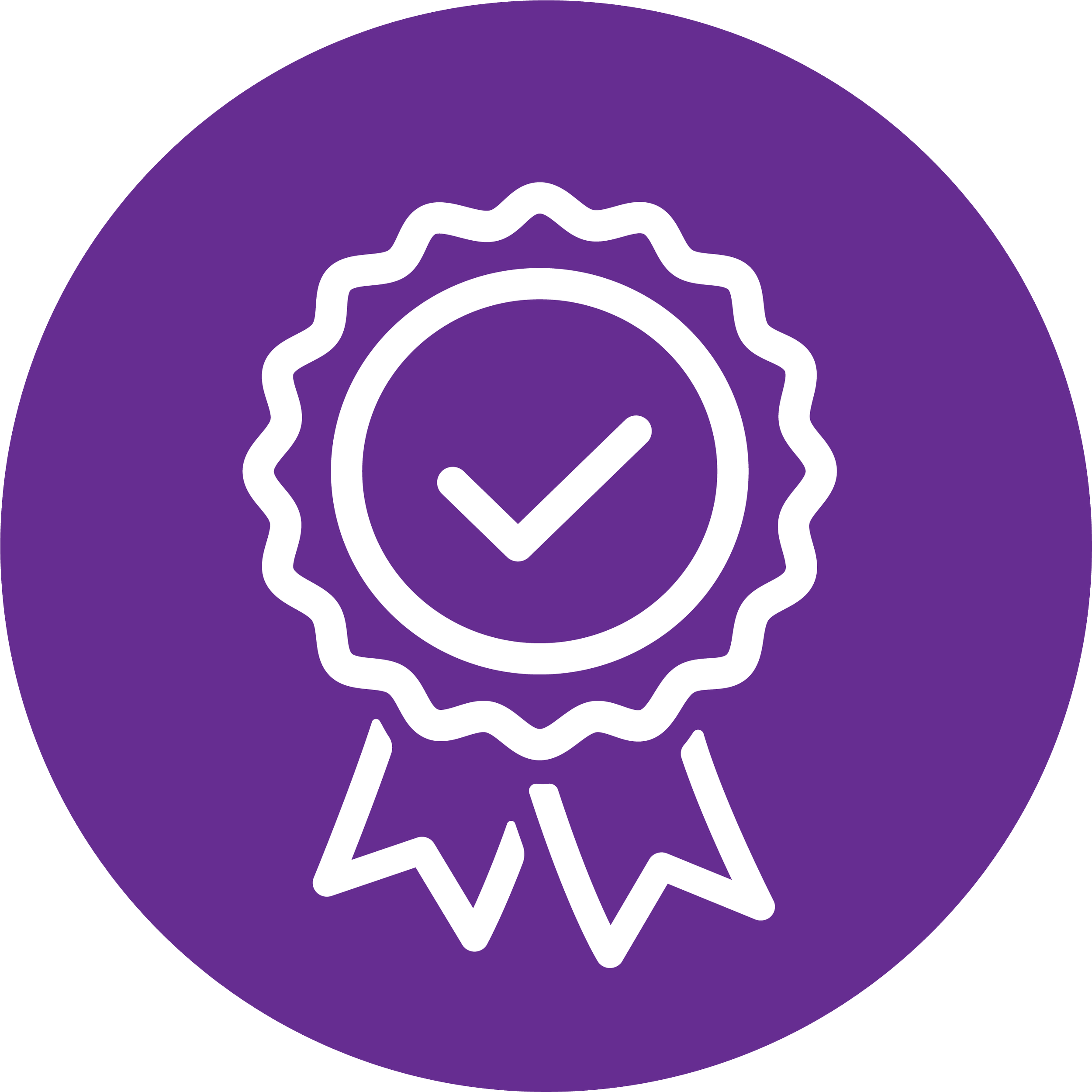 Purple badge with a white checkmark in the center, surrounded by a wavy border, and two ribbon ends hanging below.