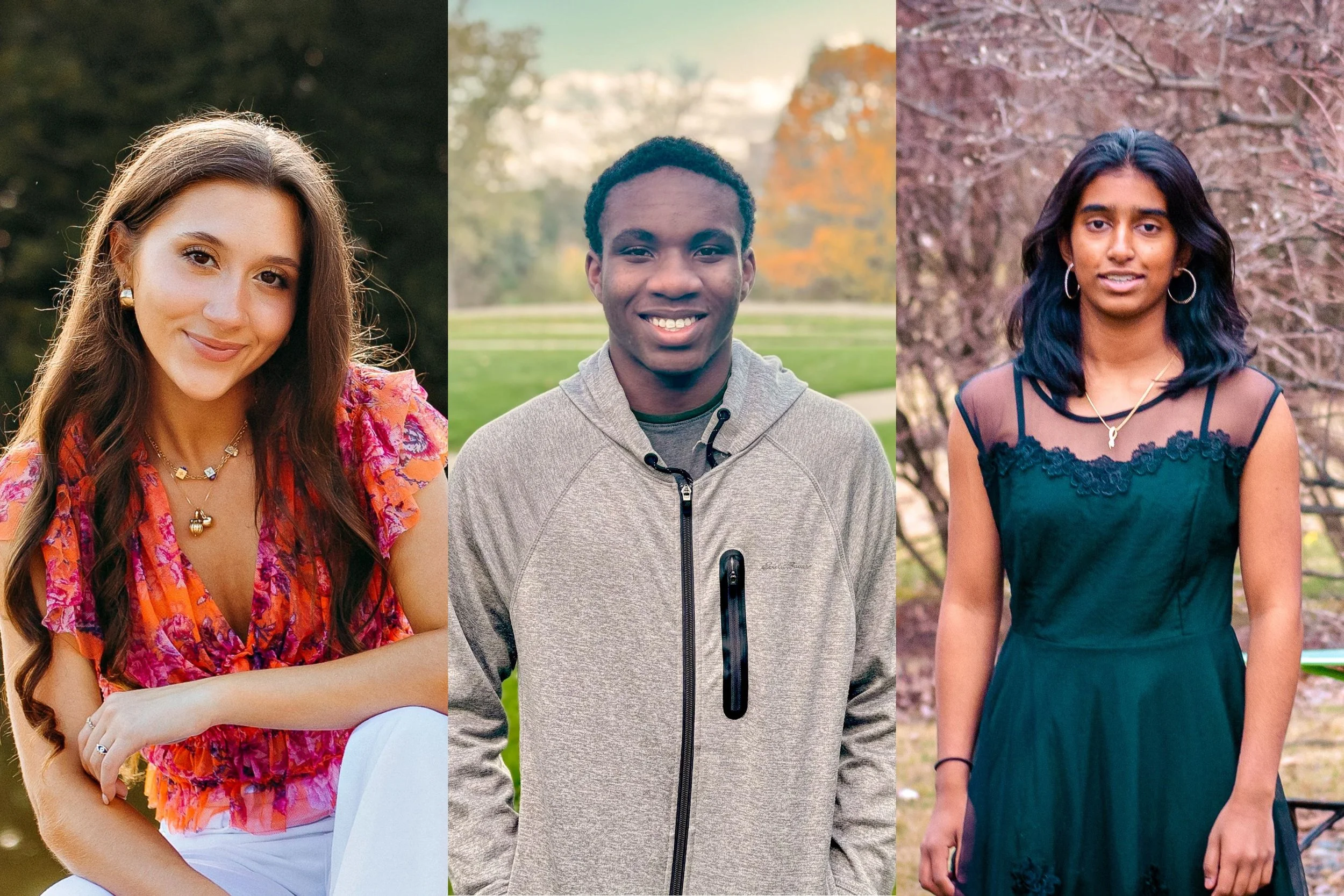Three people standing outdoors during daytime in different settings: a woman with long hair in a floral top, a smiling man in a gray hoodie, and a woman with black hair in a green dress with a background of trees.