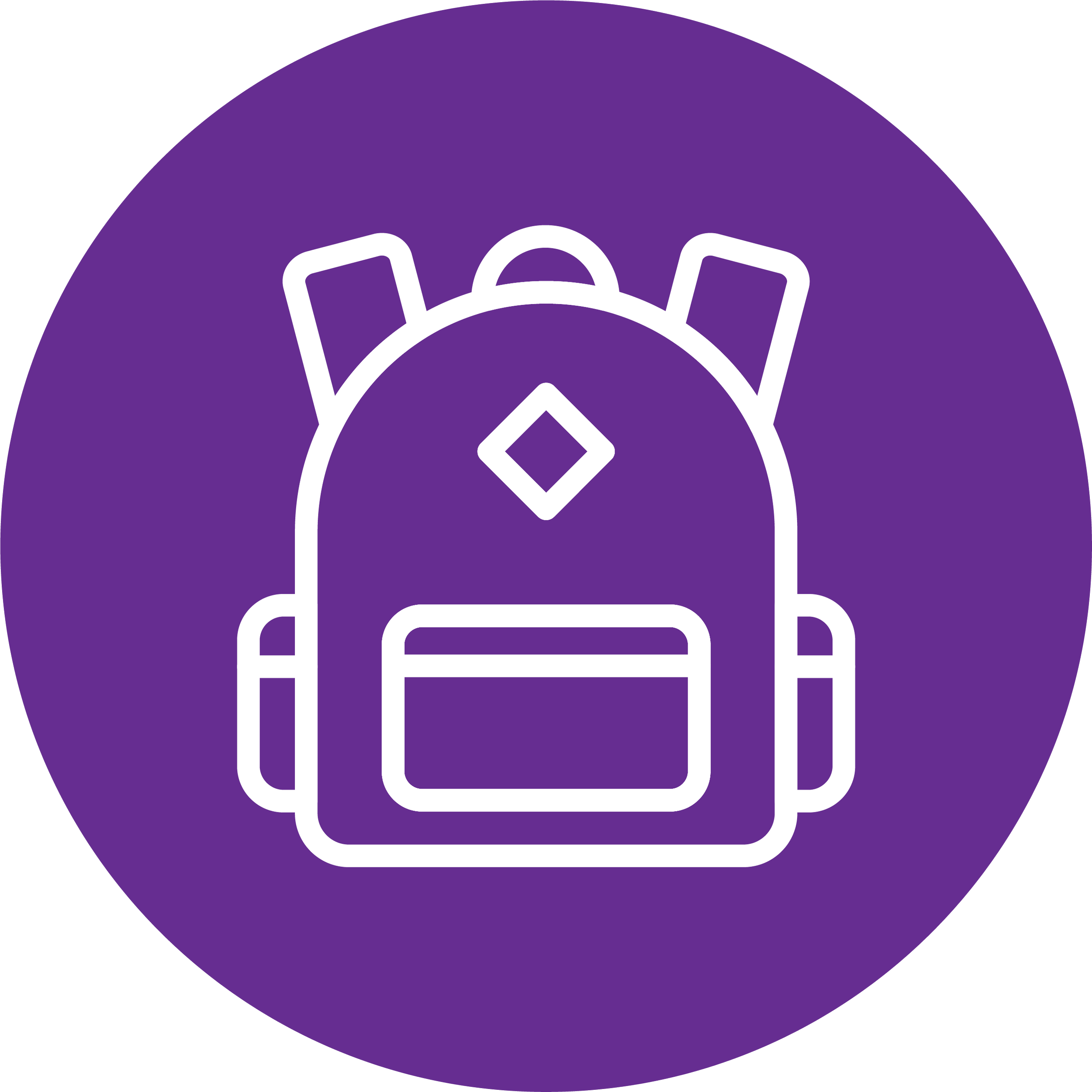 Line drawing of a backpack on a purple circular background.