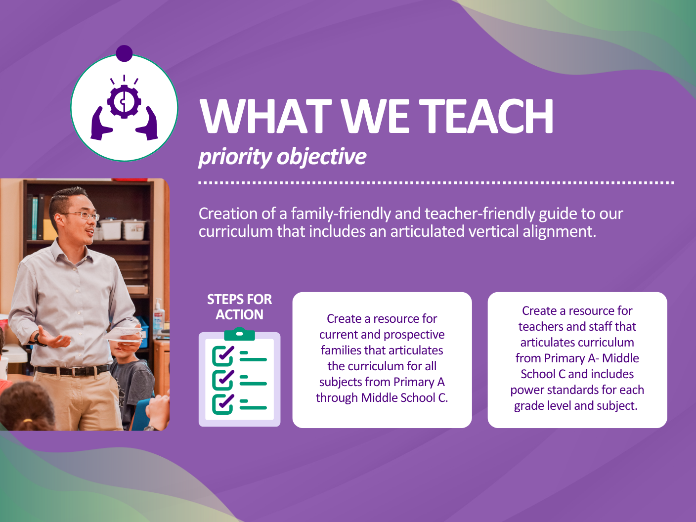 A teacher giving a presentation to students in a classroom with a purple background and white text that details the priority objective to create a family-friendly and teacher-friendly curriculum guide with articulated vertical alignment. There is a p