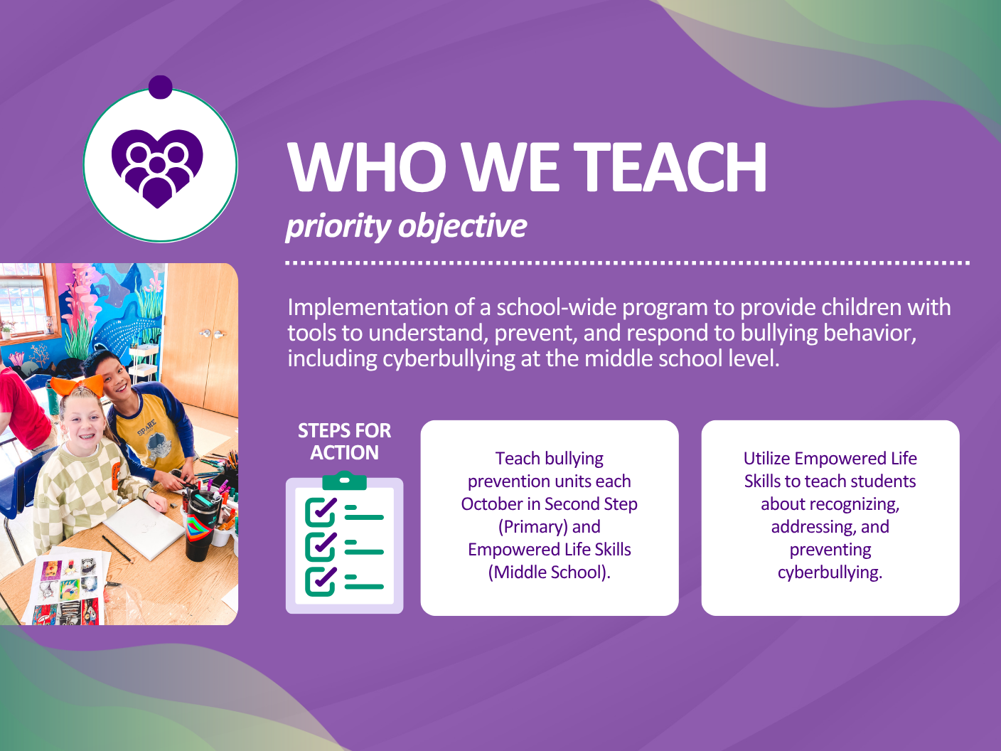Infographic about teaching priority objective for bullying prevention and cyberbullying at middle school, featuring a photograph of children in a classroom, a notebook, and colorful illustrations.