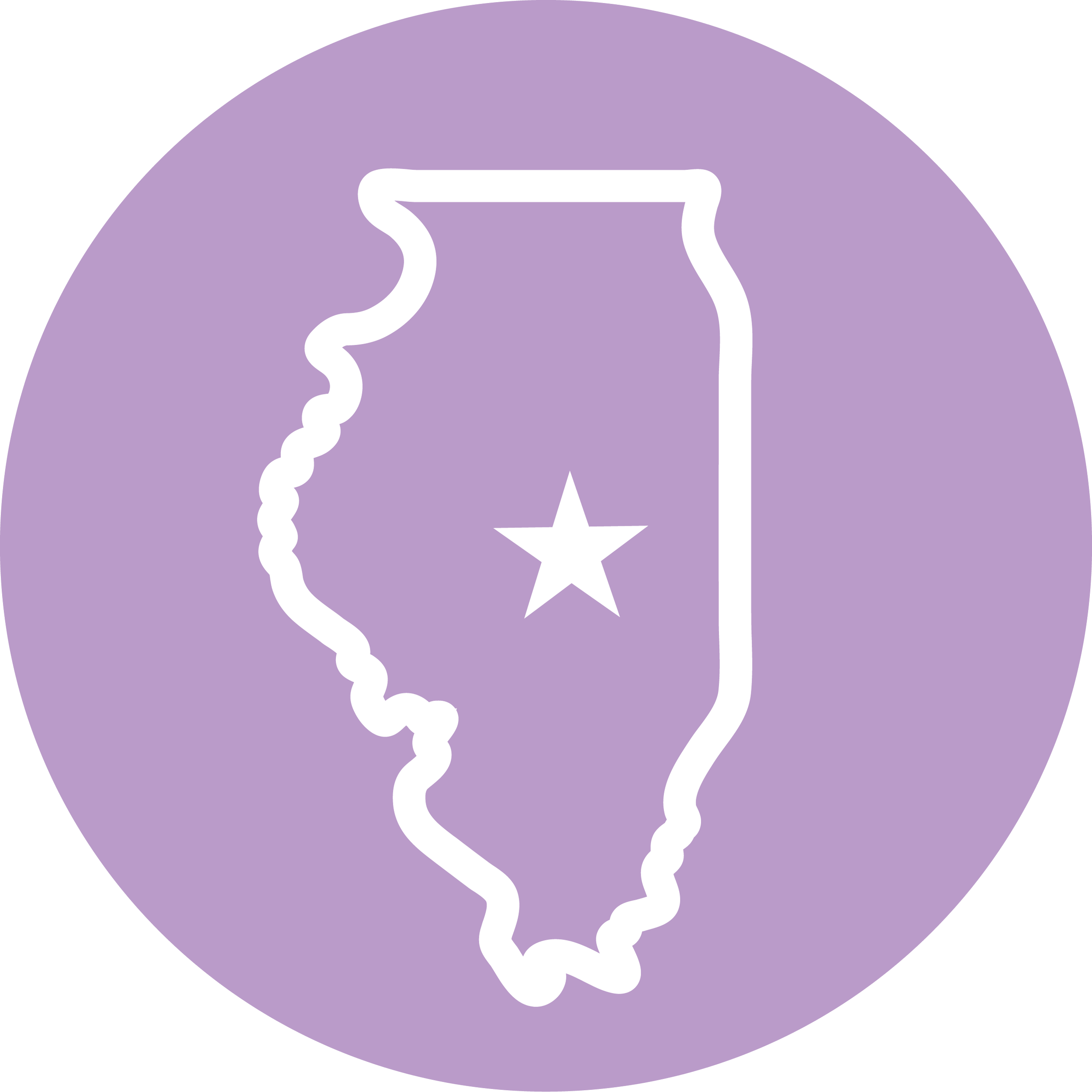 Outline map of Illinois with a star in the center, on a purple circular background.
