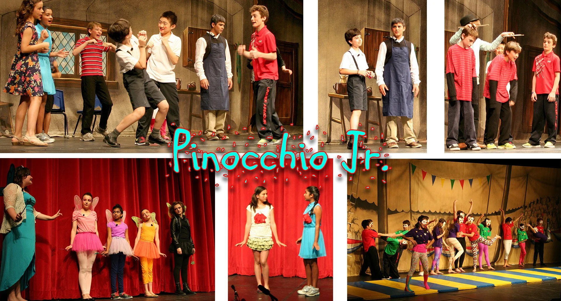 Collage of children performing in theater plays and drama events on stage, dressed in costumes and casual clothing, with the text 'Pinocchio Jr.' overlayed.