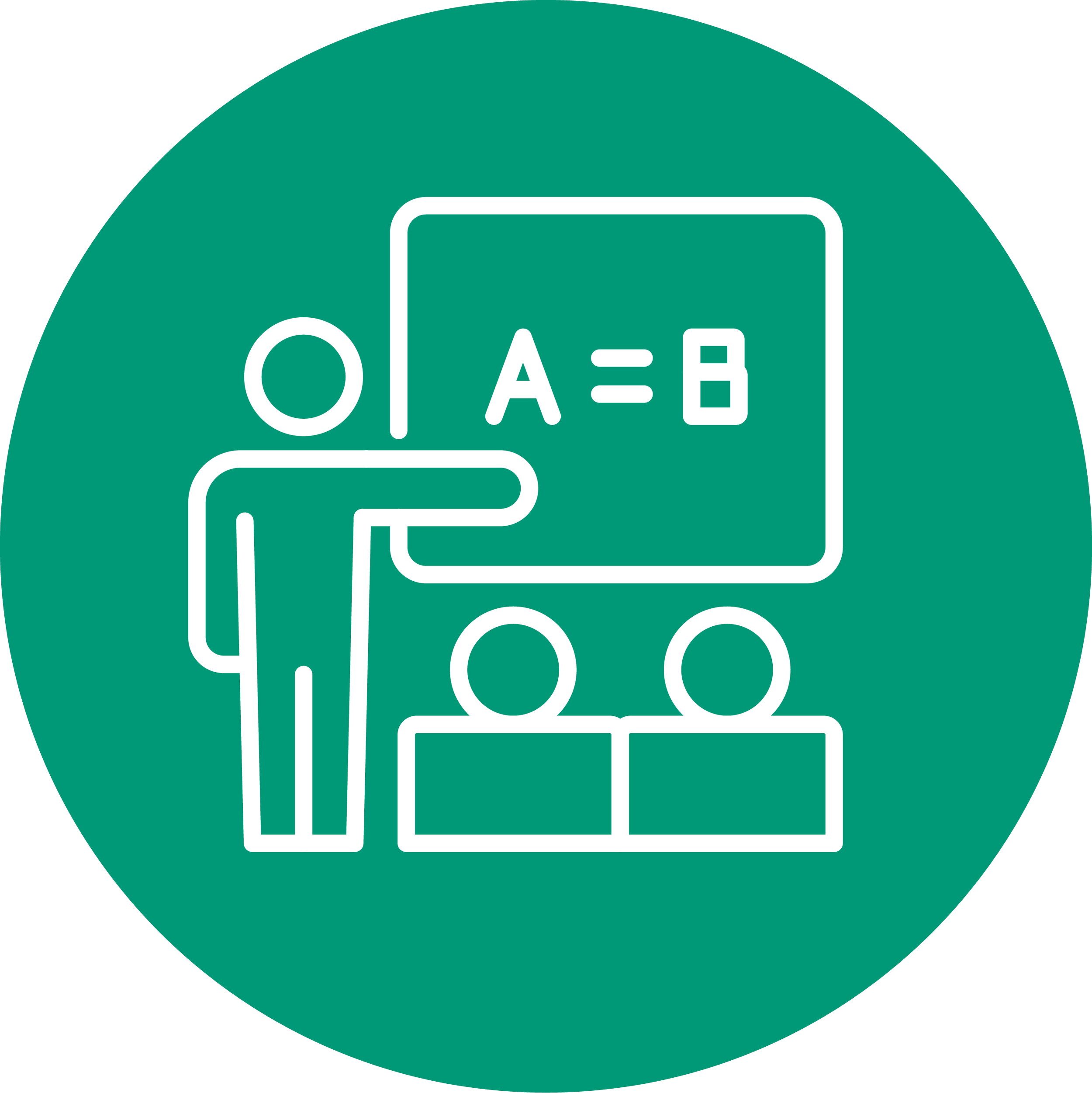 Line drawing of a teacher in front of a blackboard with A equals B, with two students sitting and watching.