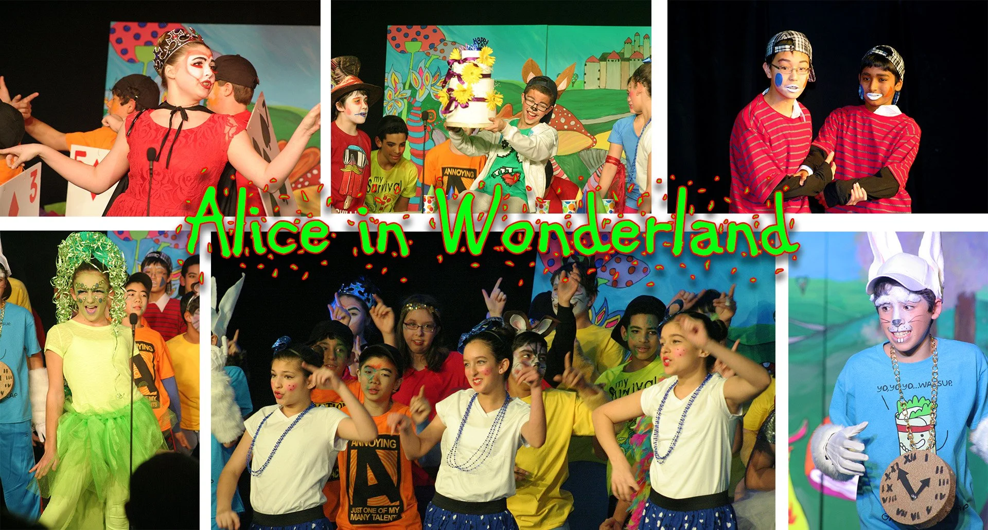 Children performing in a colorful theater production titled 'Alice in Wonderland.' Children are dressed in costumes and makeup, participating in scenes from the play.
