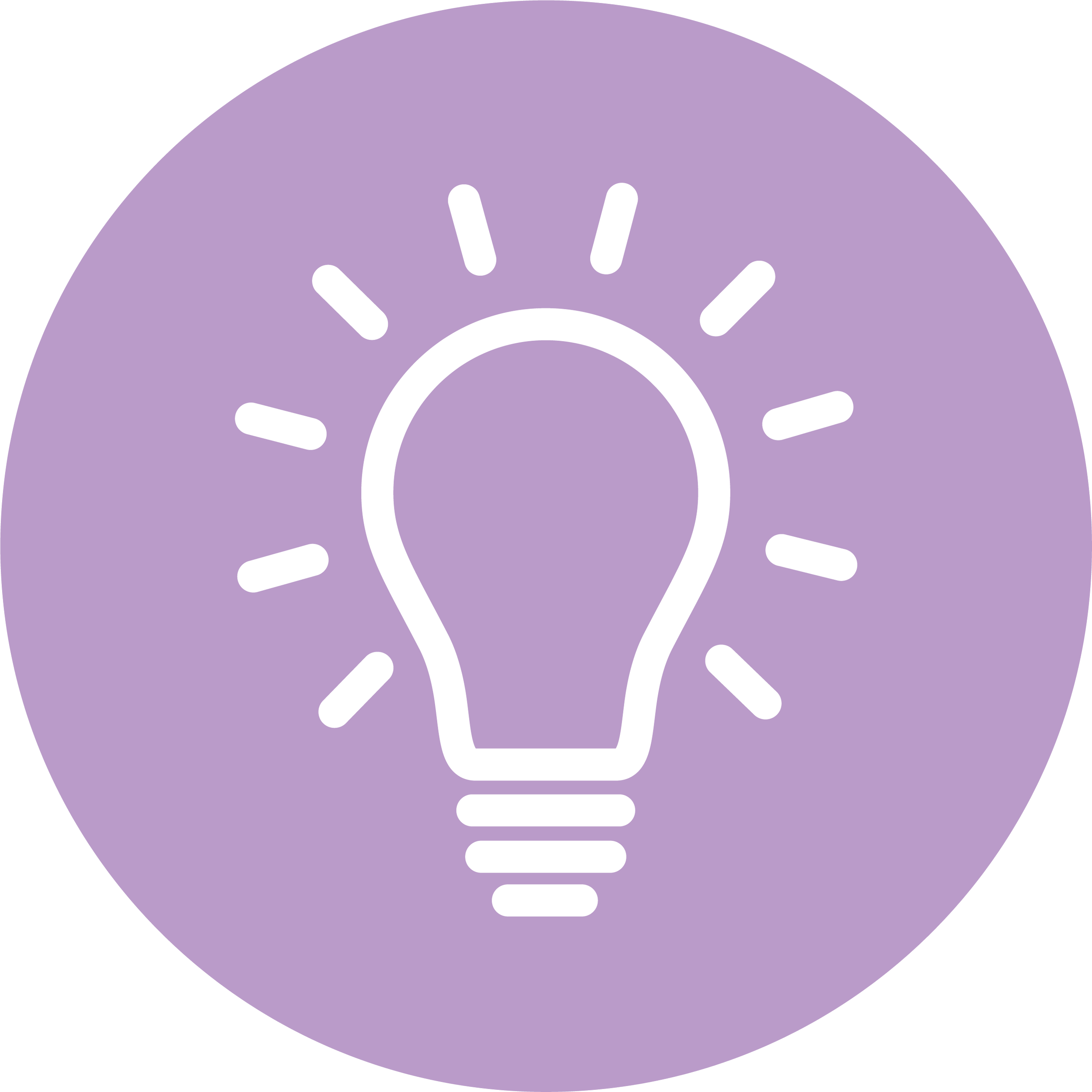 Purple circle with white outline of a lightbulb emitting rays of light.
