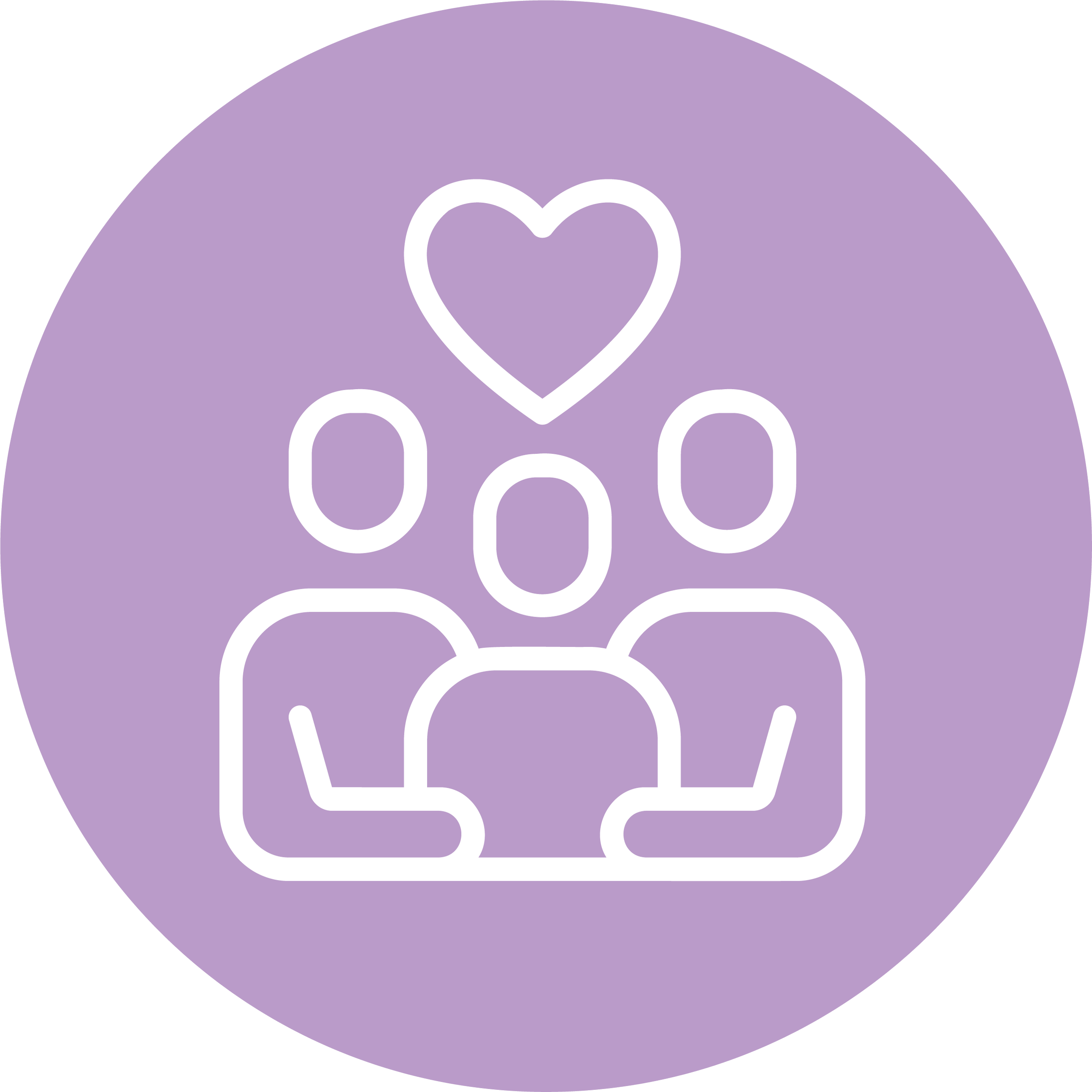 Line drawing of three people with a heart above them inside a purple circle.