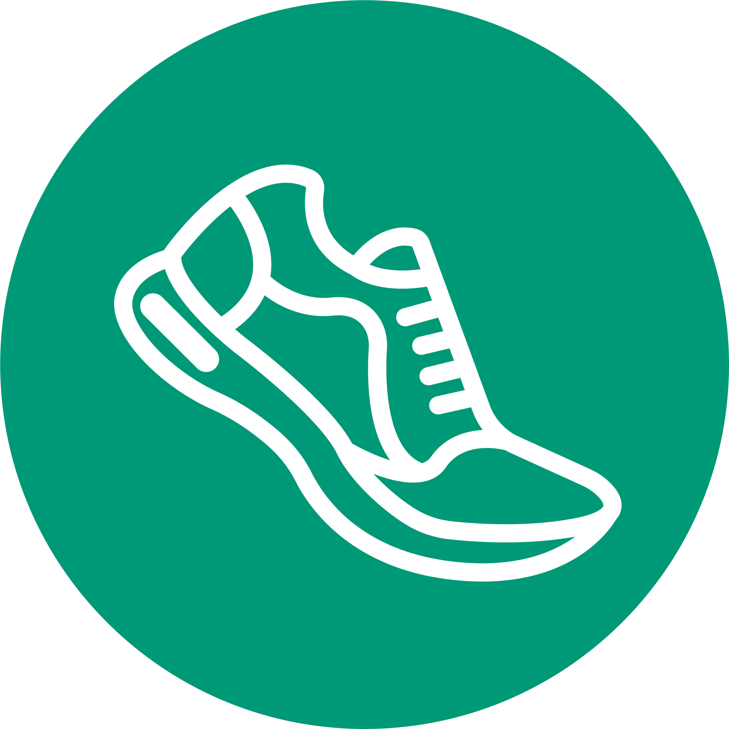 Icon of a running shoe on a green circular background.