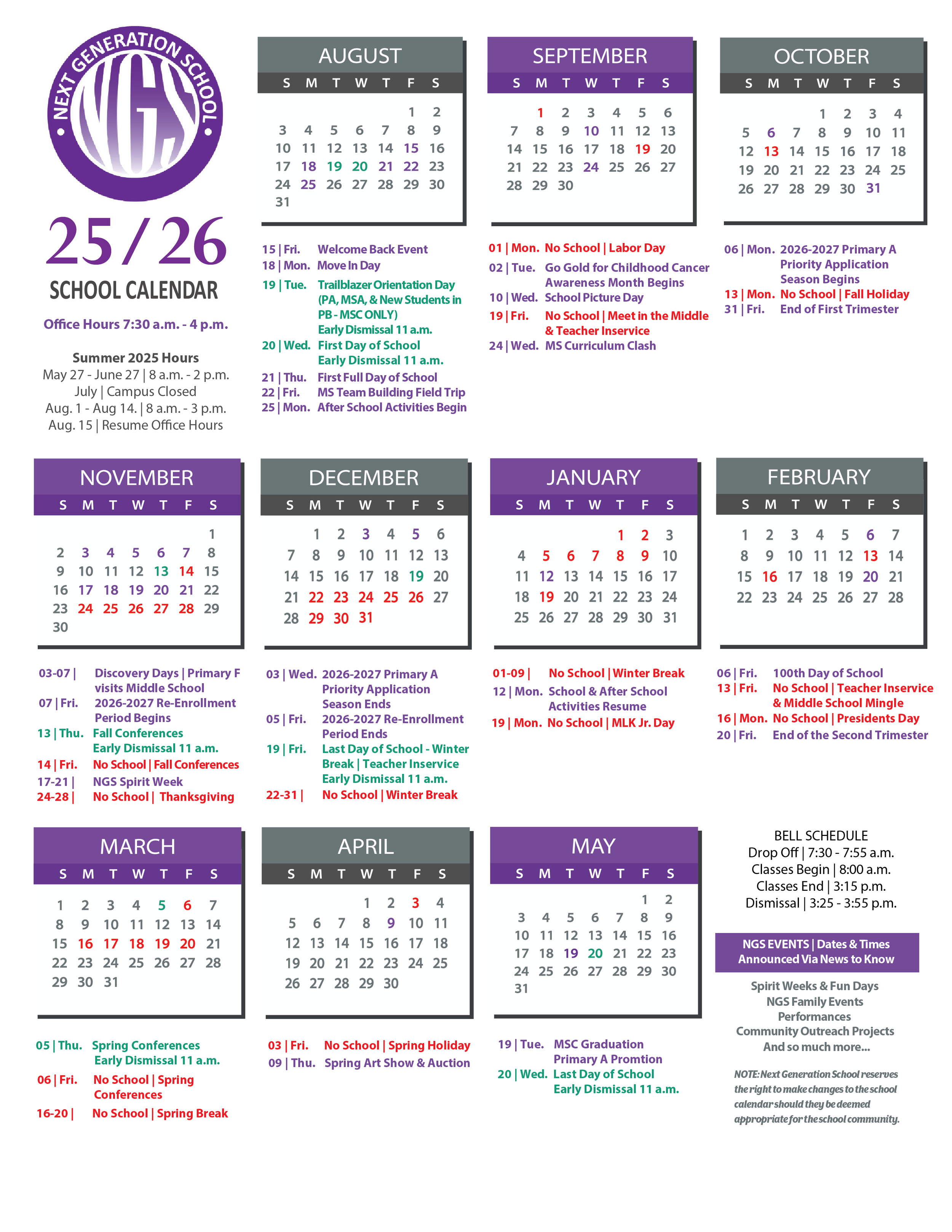 2025-2026 school calendar for Next Generation School, including months, important dates, holidays, and school events, with color-coded annotations for different activities and breaks.