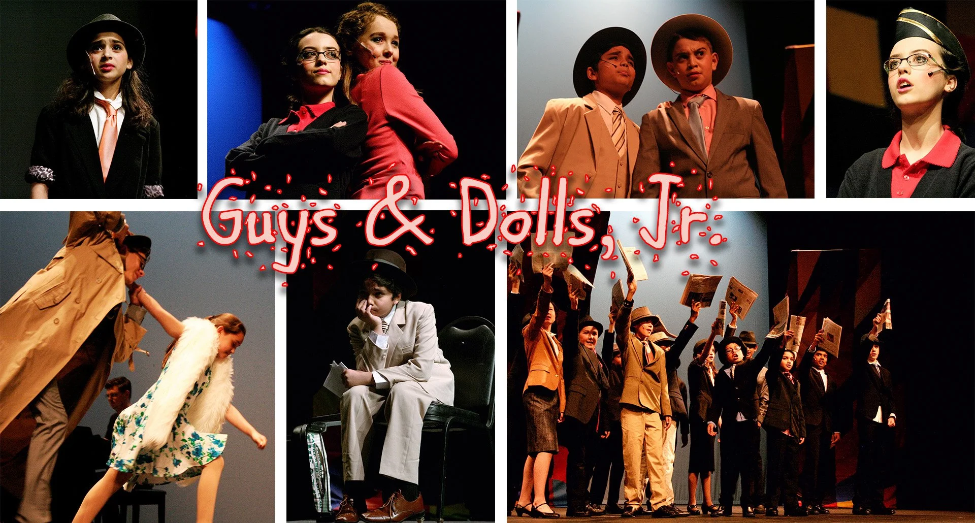 Collage of scenes from a theatrical production of 'Guys and Dolls Jr.' including children performing in costume and on stage, with the title 'Guys & Dolls Jr.' overlaid.