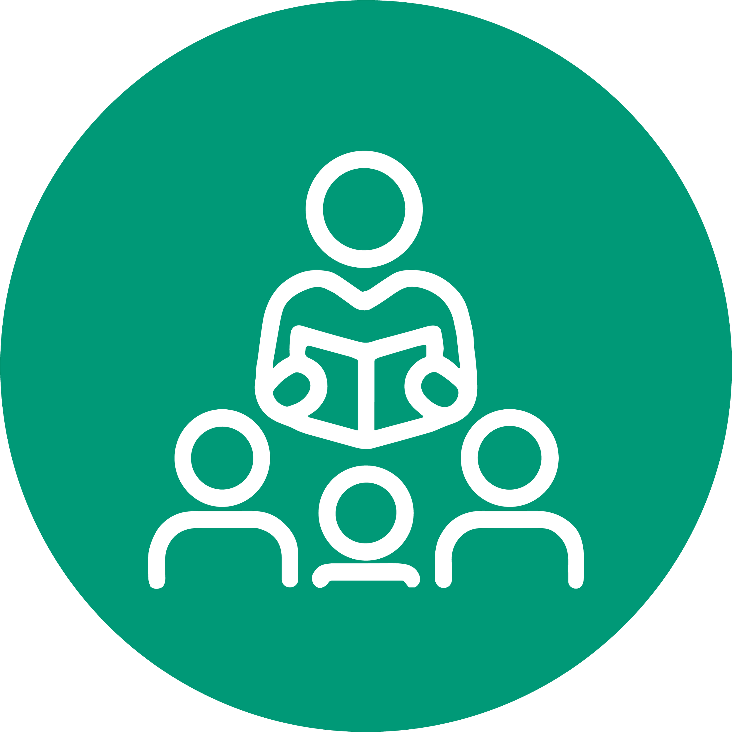 Icon of a person reading a book to a group of three listeners.