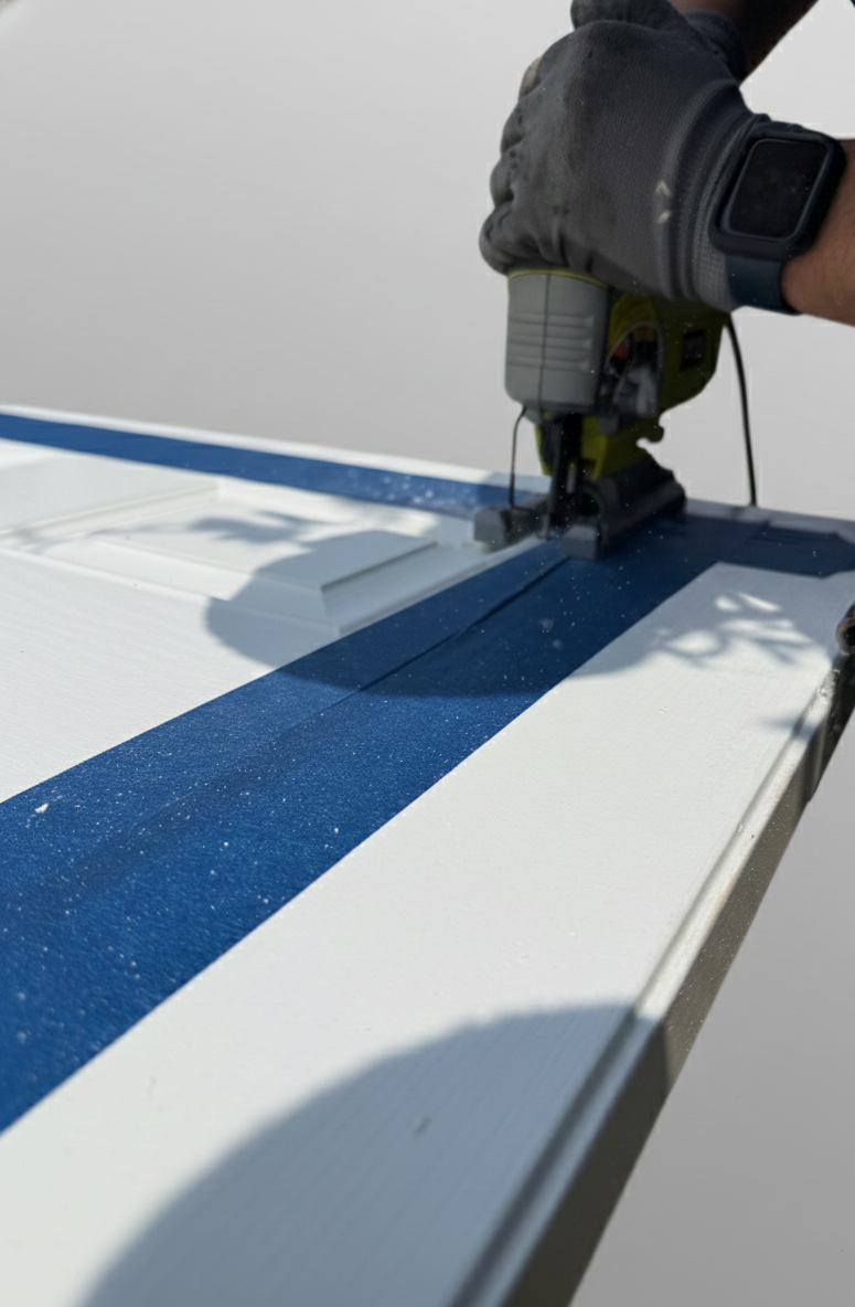 A person wearing a glove and a smartwatch uses a jigsaw saw to cut a piece of white material with a blue stripe on a worktable.