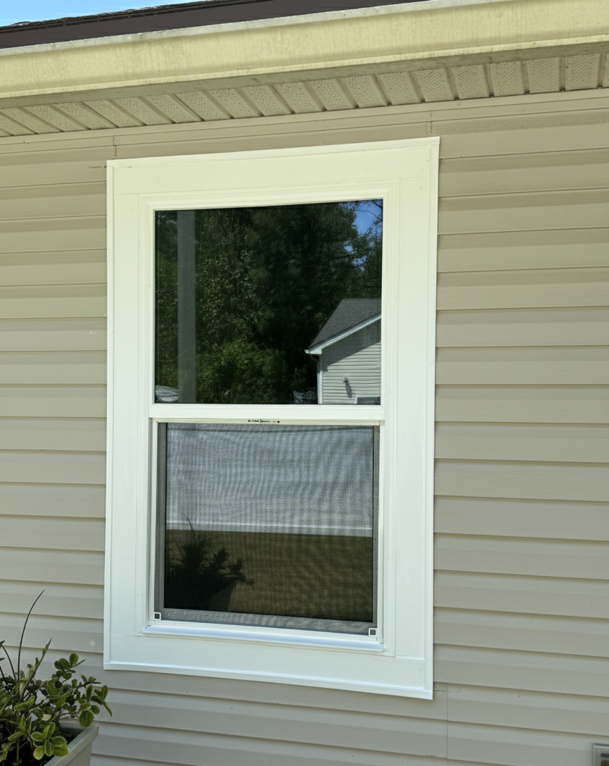 A window on the outside of a house with beige siding and white trim, featuring a screen window at the bottom and a clear glass window at the top, reflecting trees and neighboring houses.