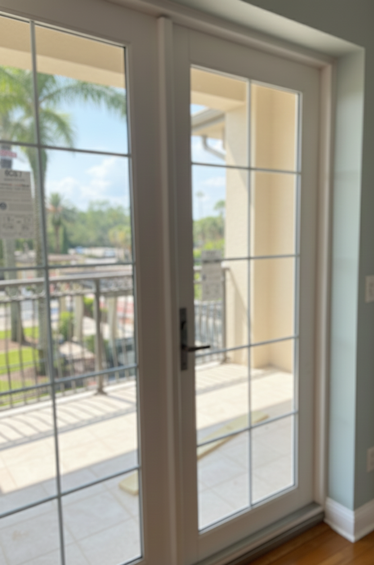Close-up of a white sliding glass door leading to an outdoor balcony, with a view of a sunny cityscape and palm trees.