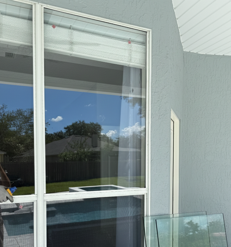 Close-up of a large window with a reflection of the outside, showing trees and clouds, and glasses leaning against the exterior wall.