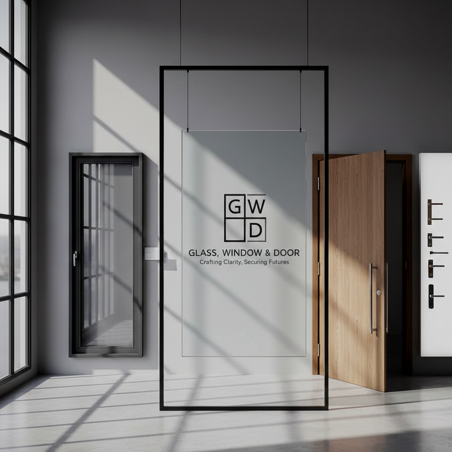 Interior showroom with display stand for glass, window, and door products, branded GW D, with open wooden door and window frame, modern industrial style.