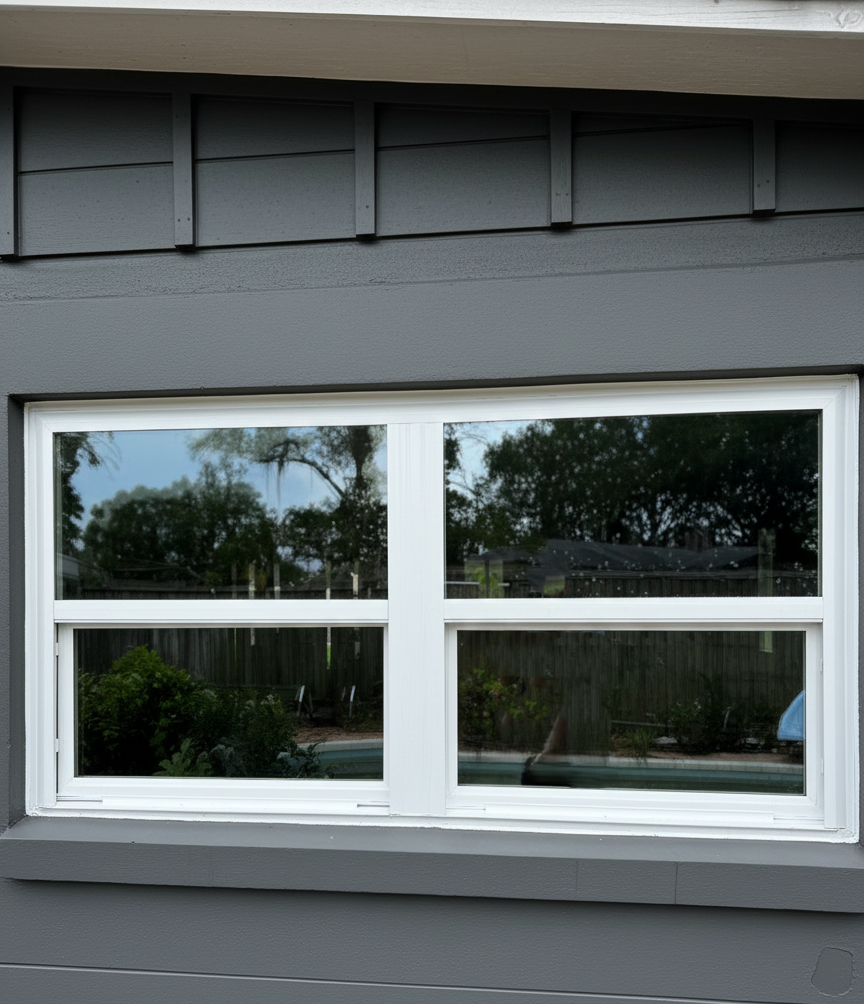 A white-framed, double-pane window on a gray house exterior, reflecting trees and a backyard with a fence and some greenery.