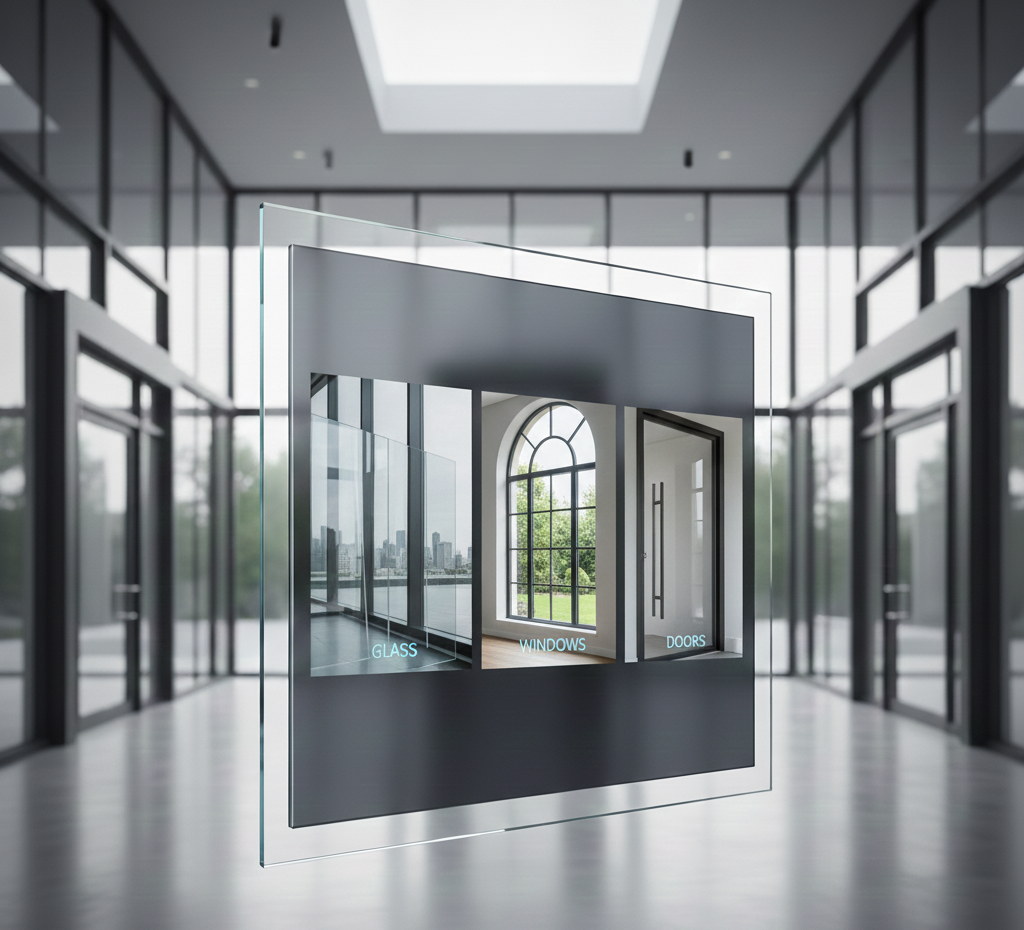 A modern interior with large glass windows and doors, featuring a digital overlay showing labels for glass, windows, and doors.
