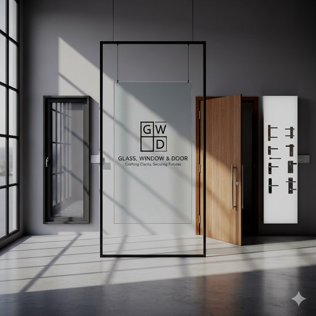 Display of various glass doors and window samples at a showroom with logo 'GW D' and the slogan 'Crafting Clarity, Securing Futures'.