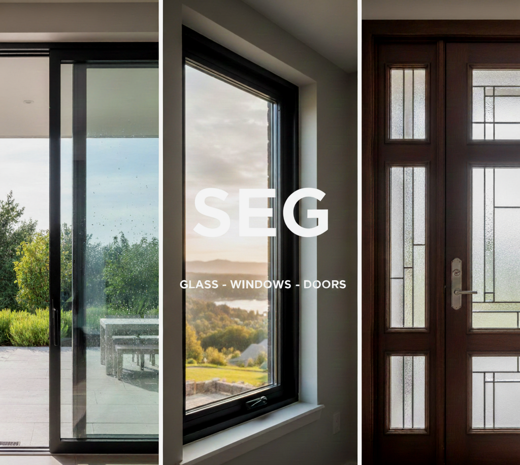 The image shows three different styles of glass, windows, and doors in a collage. The left side displays a sliding glass door overlooking an outdoor patio and greenery. The middle shows a large window with a scenic view of a landscape with mountains and a lake at sunset. The right features a wooden front door with decorative glass panels.