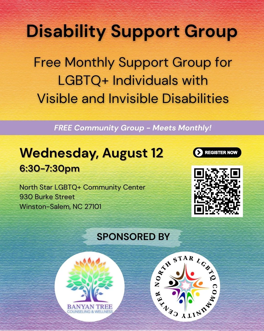 Next week! 🌈

Join us for our FREE monthly Disability Support Group for LGBTQ+ individuals with visible and invisible disabilities. A safe, affirming space to connect, share, and be supported.

🗓 Wednesday, August 12
⏰ 6:30&ndash;7:30 PM
📍 North S