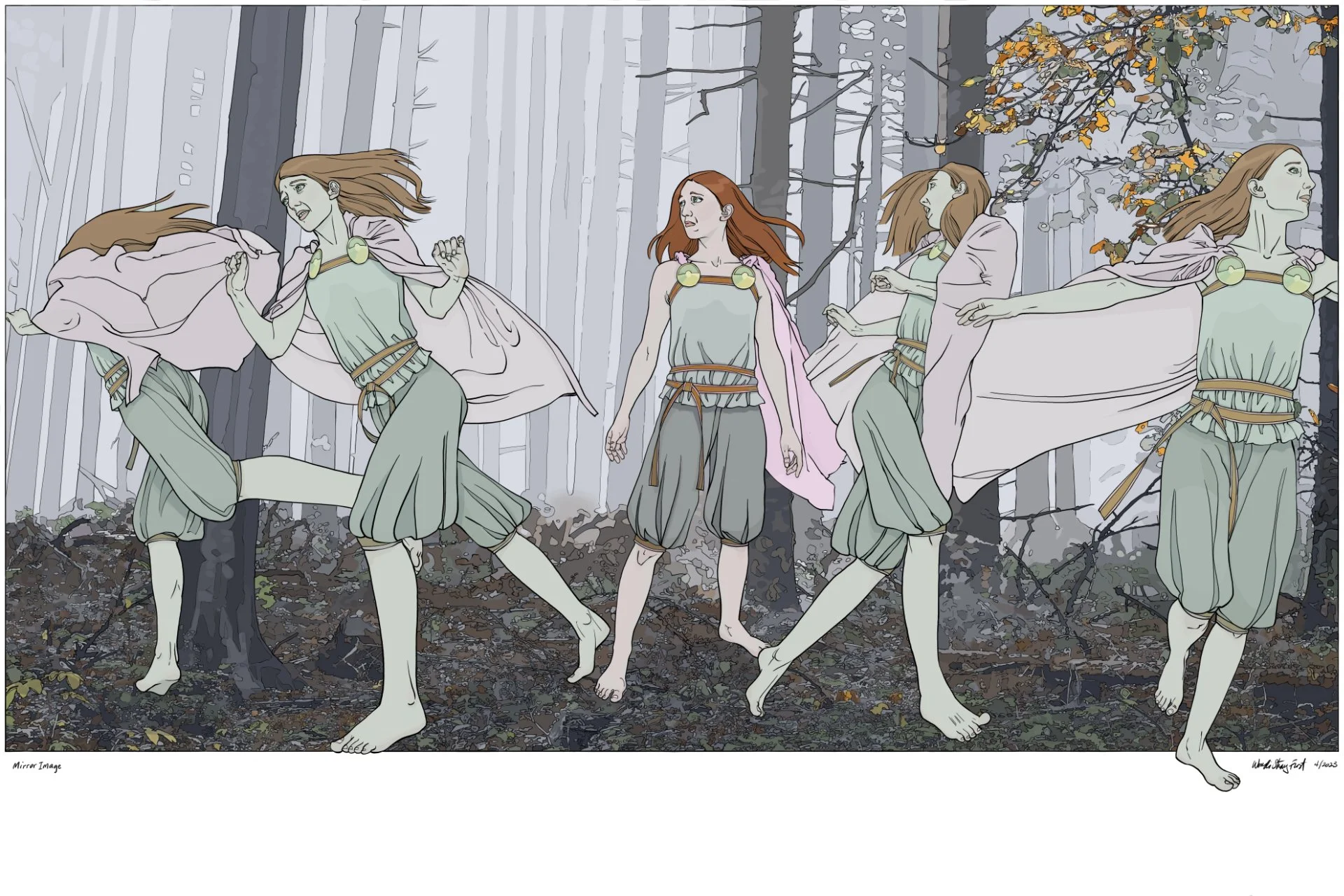 Mirror Image. A red-haired woman stands in a foggy wood having just made multiple images of herself with magic.