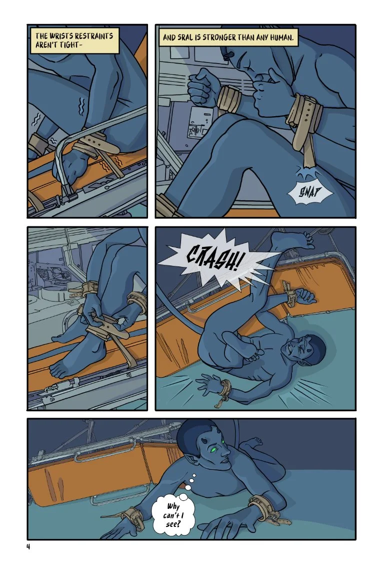 Page 4 of Lost&Found with 5 panels showing Seal's ungraceful, but successful, escape from the gurney.