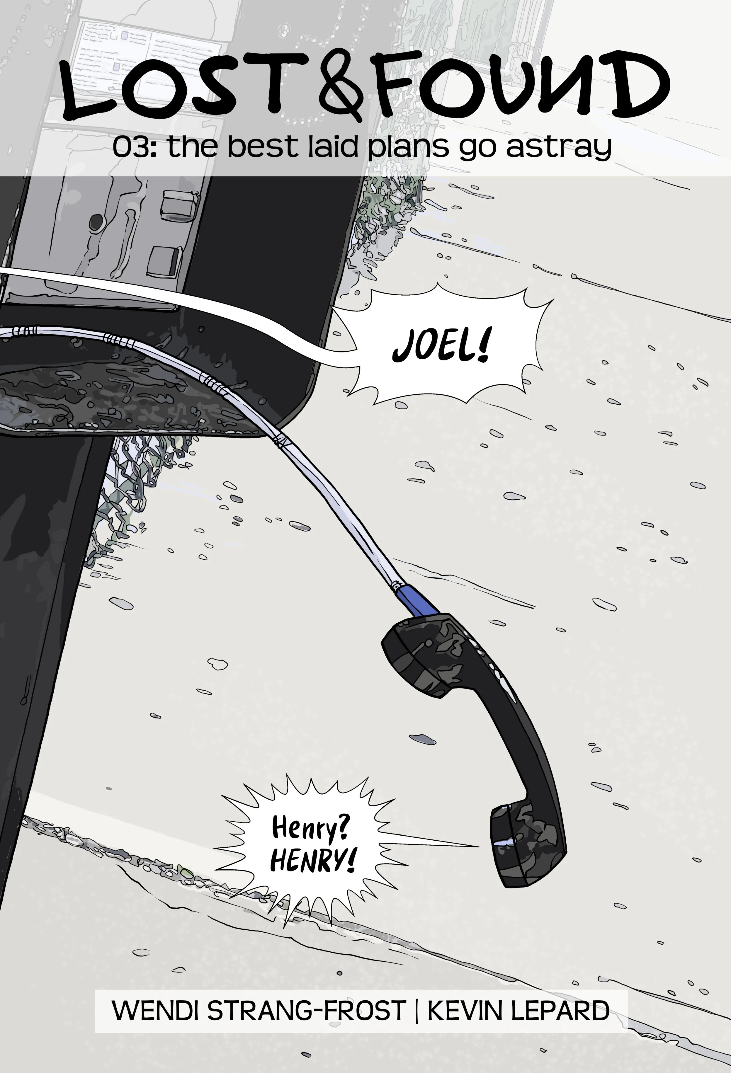 The cover of Lost&Found 03 showing a dangling payphone receiver.