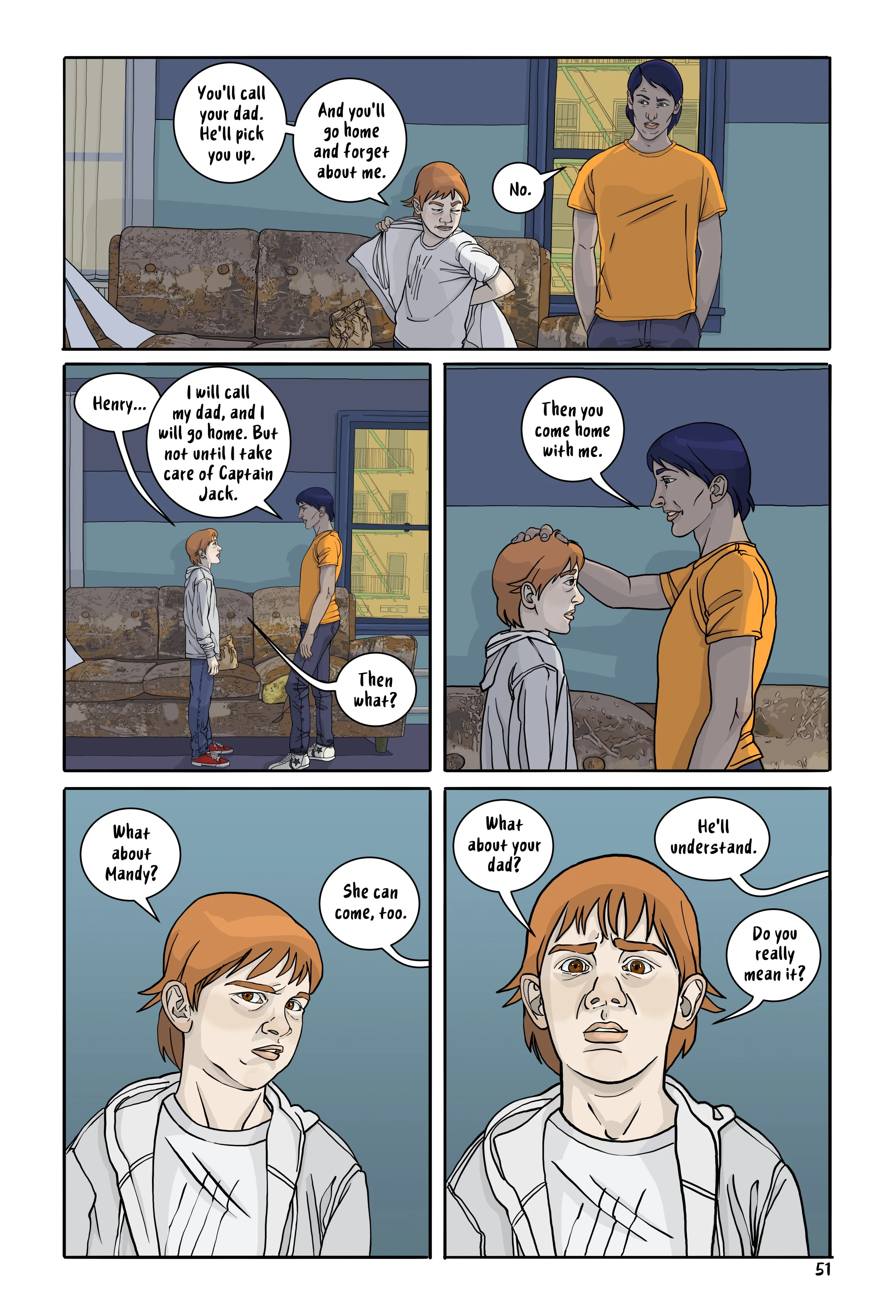 Page 51 of Lost&Found with 5 panels of Henry trying to re-convince Joel that they can retrieve Joel's sister and safely escape to Detroit.