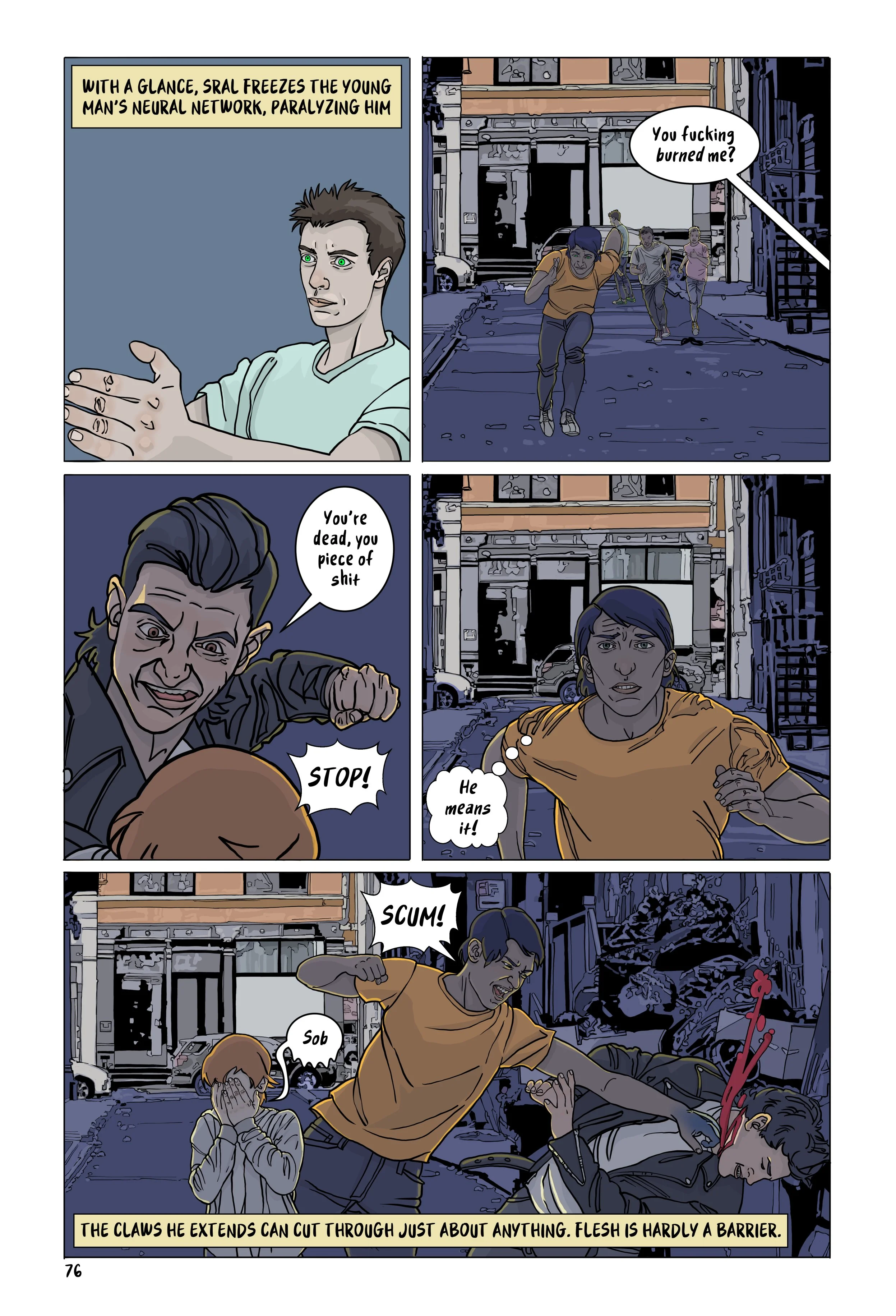 Page 76 of Lost&Found with 5 panels showing the paralyzed teen and Henry racing down the alley toward Joel. David is pulling back to punch Joel, and Henry realizes David is willing to kill the ten-year-old. Henry intervenes with deadly force.