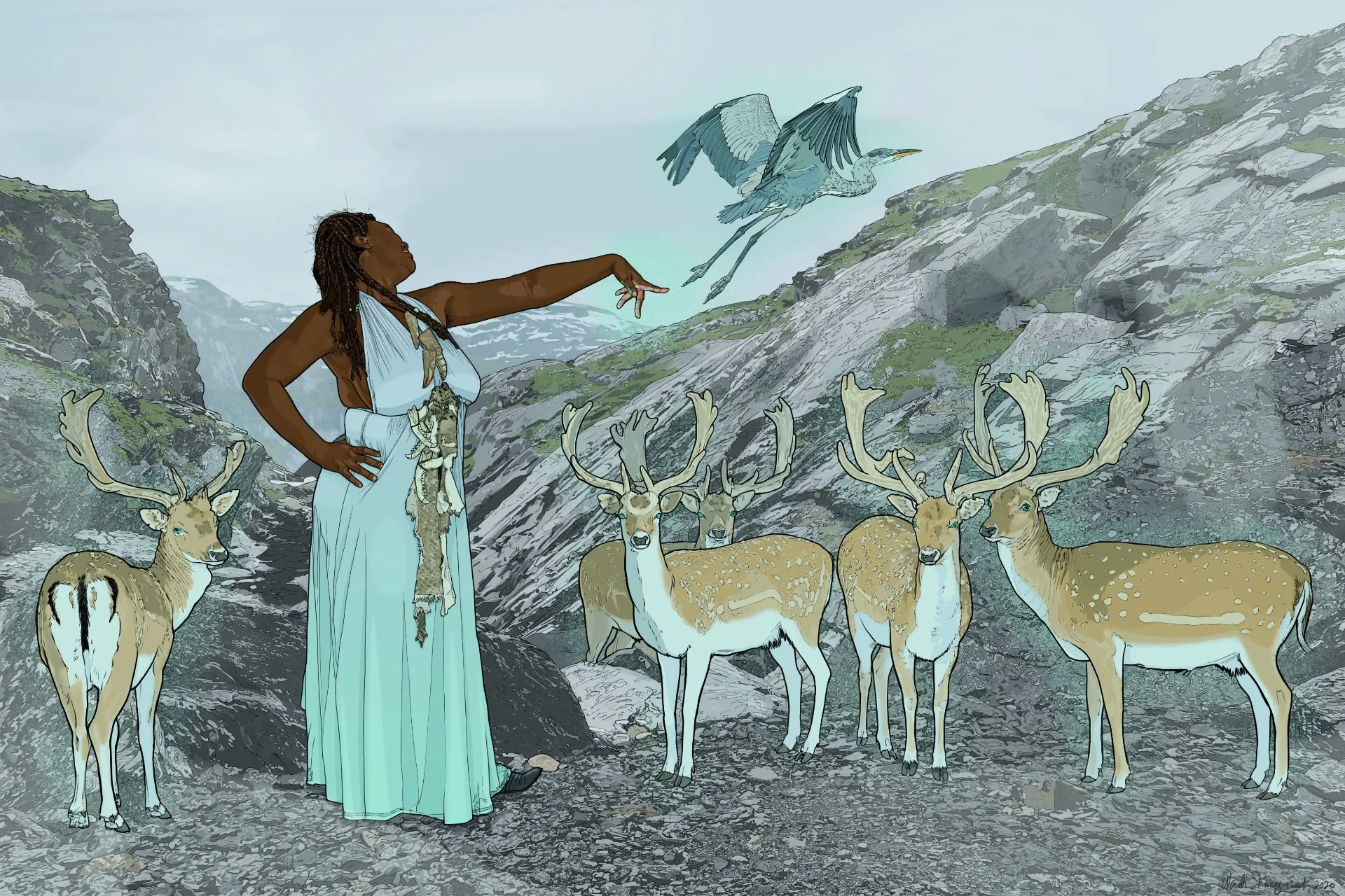 Casting. Digital ink drawing showing a black druid summoning fallow deer and a great blue heron. She is standing in a mountainous landscape.