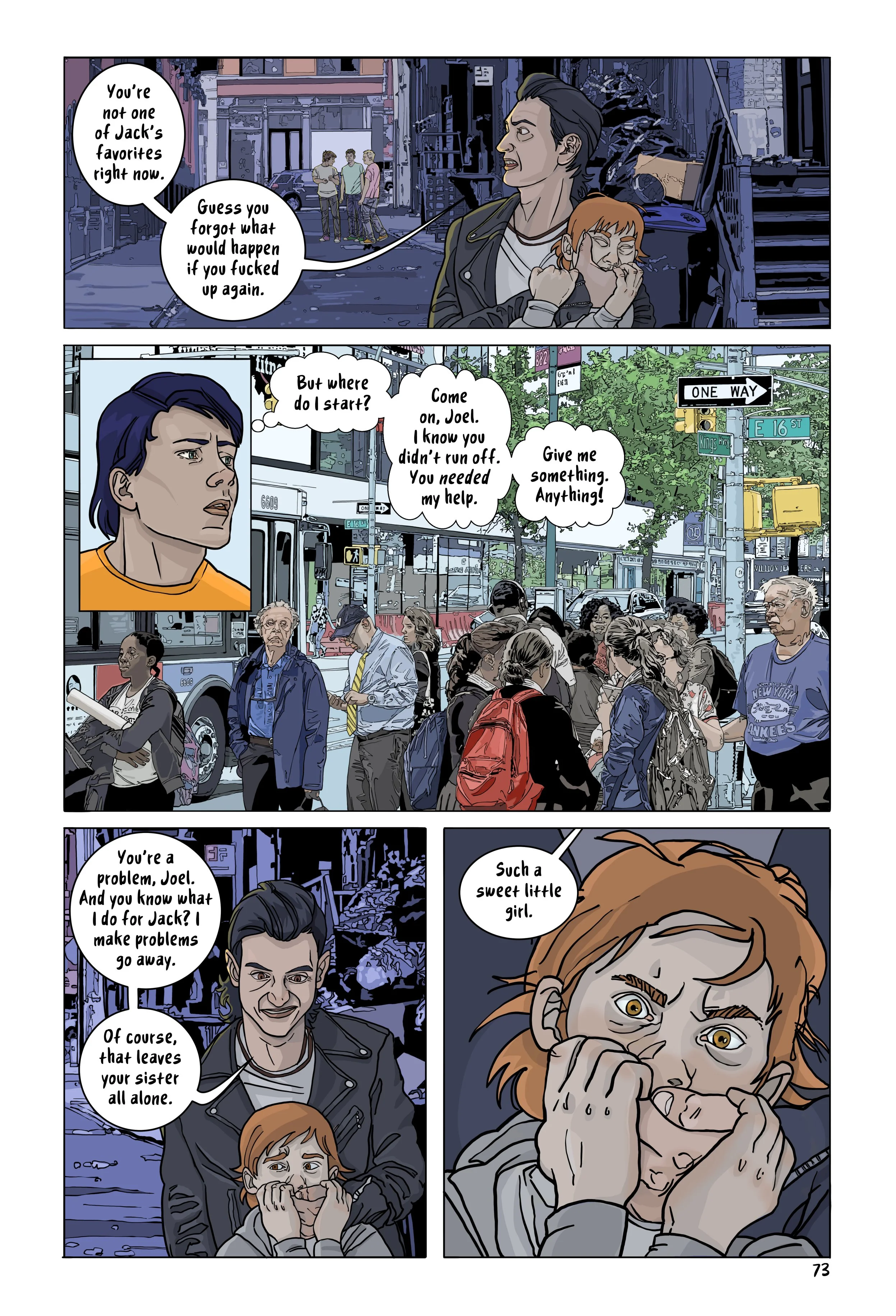 Page 73 of Lost&Found with 4 panels of Joel being dragged into an alley by David while Henry frantically searches for them on the street.