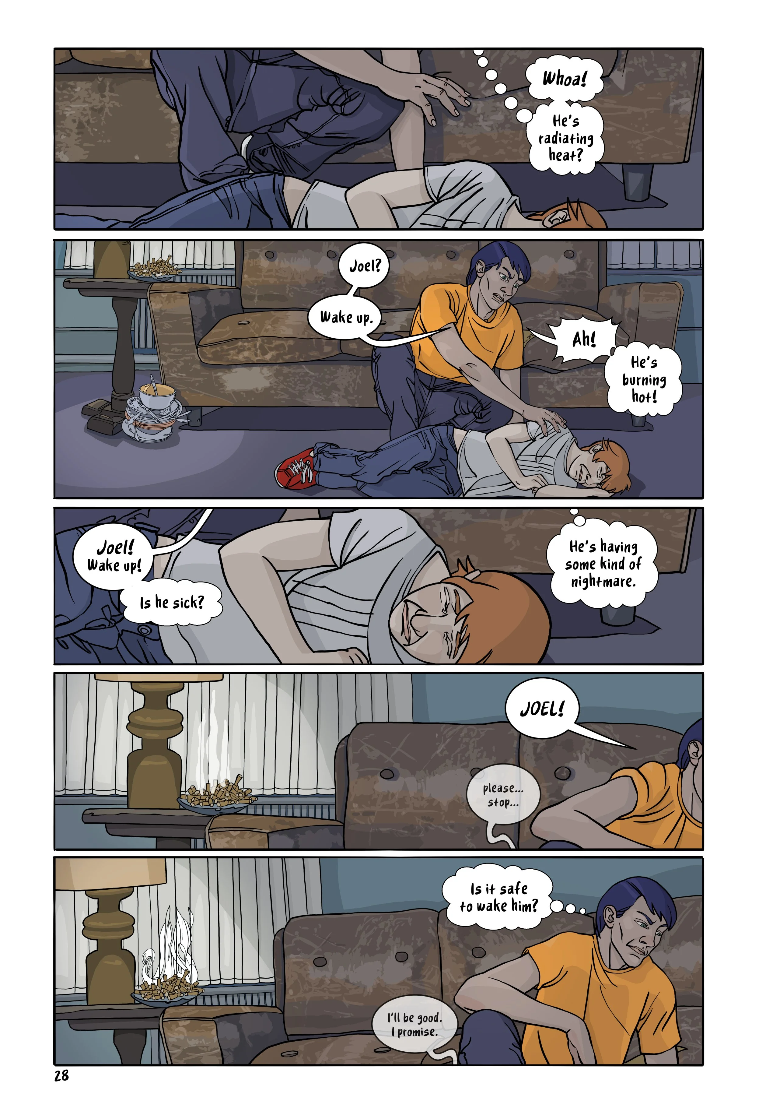 Page 28 of Lost&Found with 5 panels showing Henry contemplating waking Joel up. In the last panel Henry's attention is drawn to the end table next to the couch.