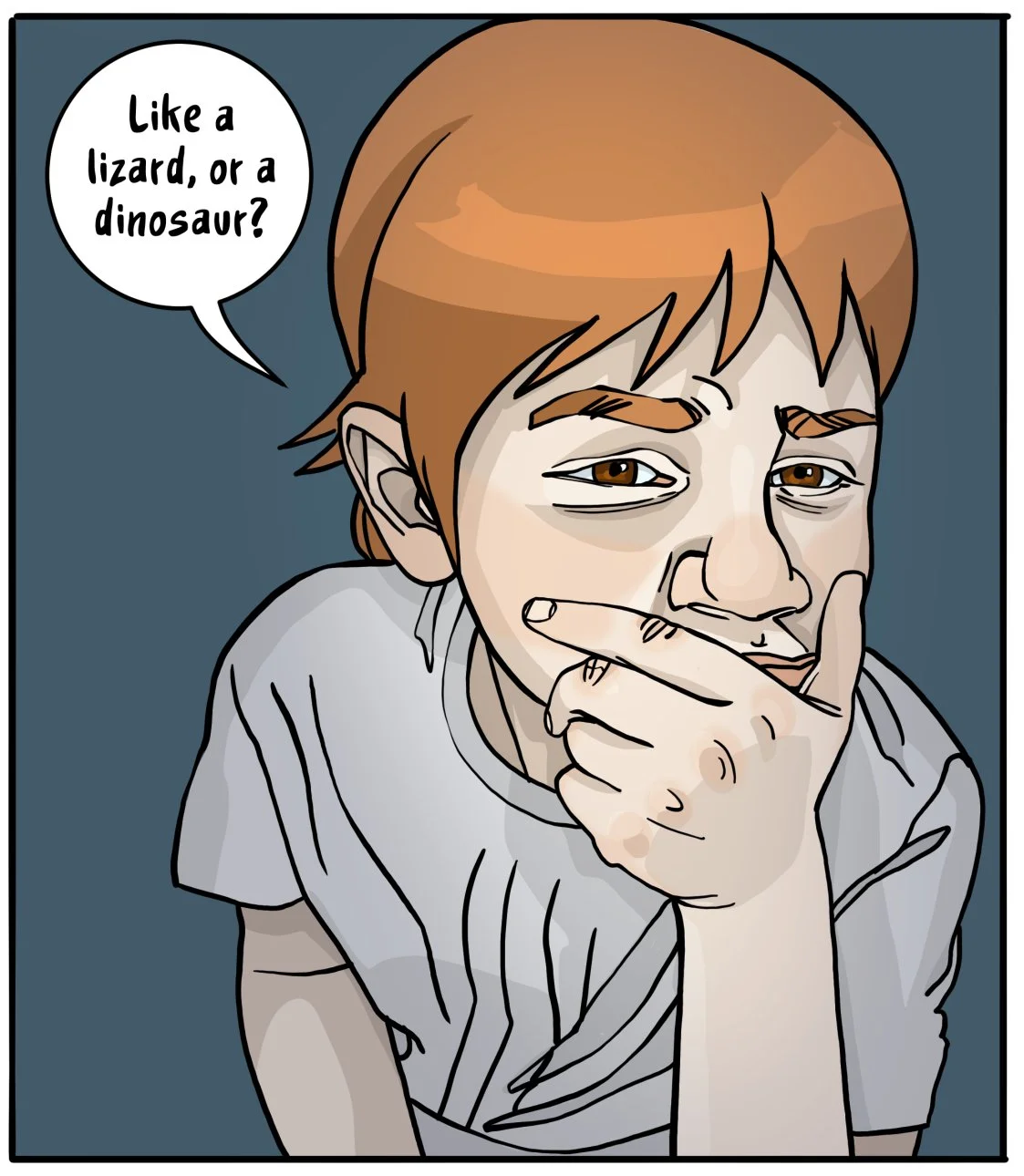 A close up panel of Joel looking contemplative. He's wondering aloud whether Henry is a lizard or dinosaur type of reptile.