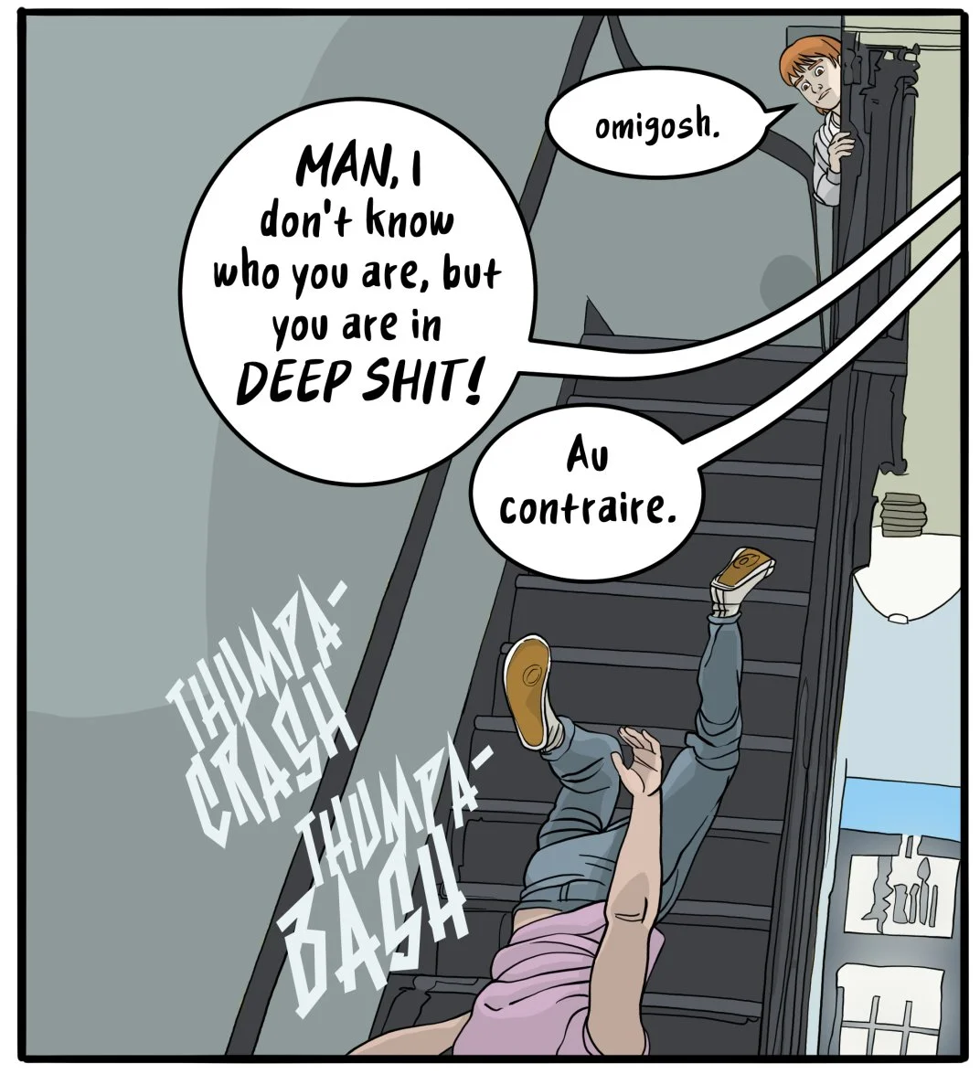 A comic panel showing a teen crashing down the stairs while Joel watches.