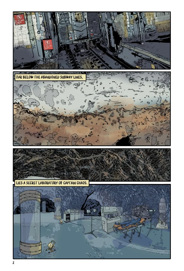 Page 2 of Lost&Found with 3 panels continuing the underground descent through the subway tracks and solid bedrock and ending in a view of a supervillain's laboratory. Sral is strapped to a gurney.