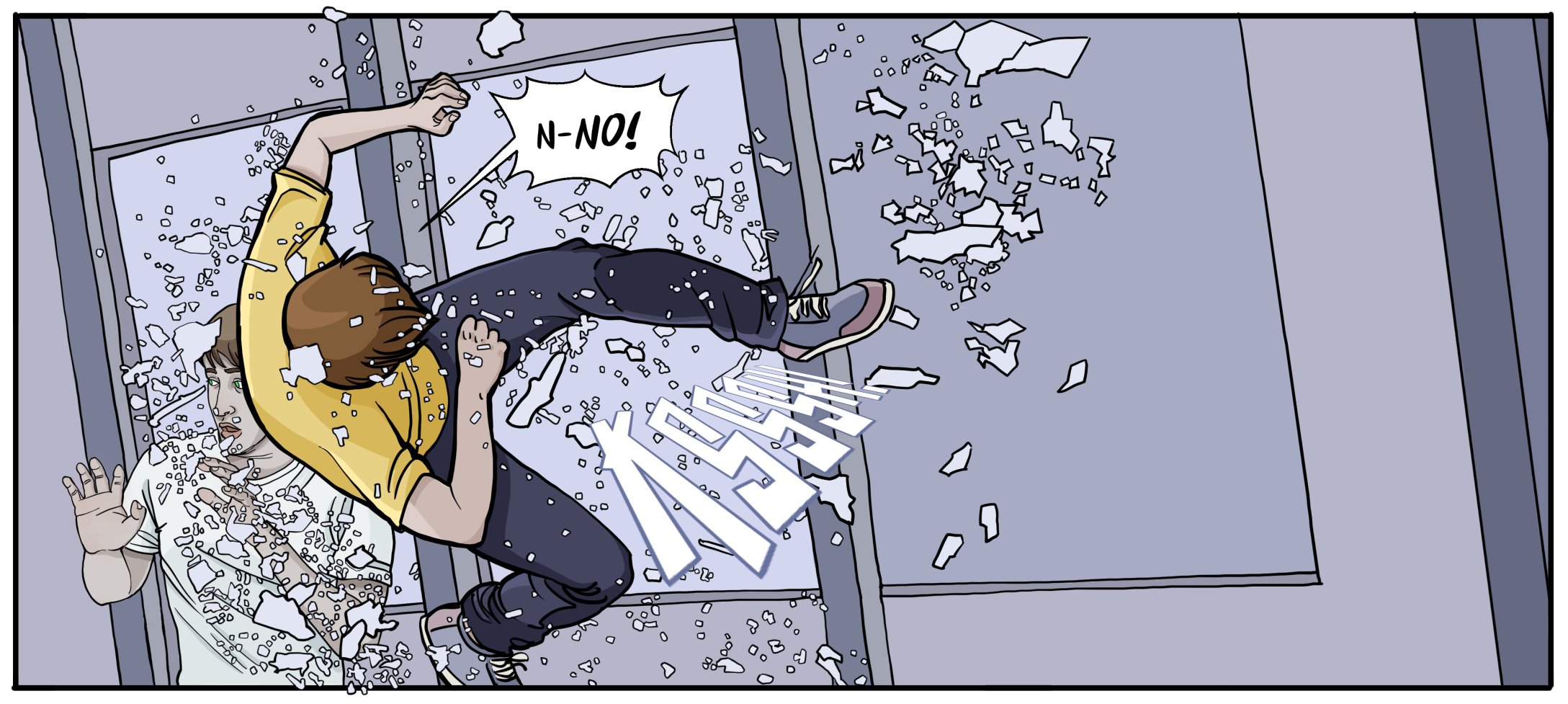 A teenager is thrown through a warehouse office window in front of a mind-paralyzed teen.