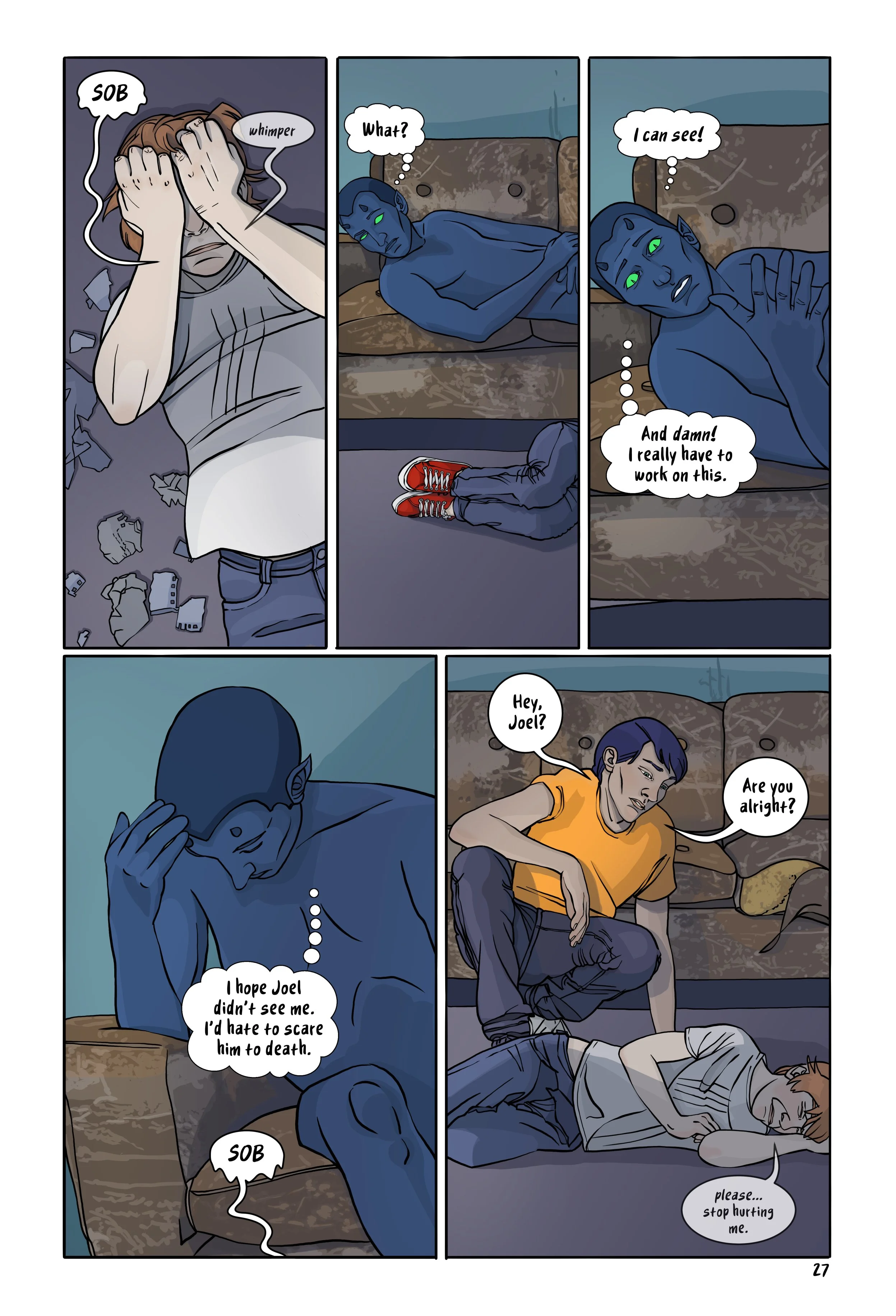 Page 27 of Lost&Found with 5 panels showing Joel's whimpering awakening Sral, who quickly changes back into Henry before Joel sees him.