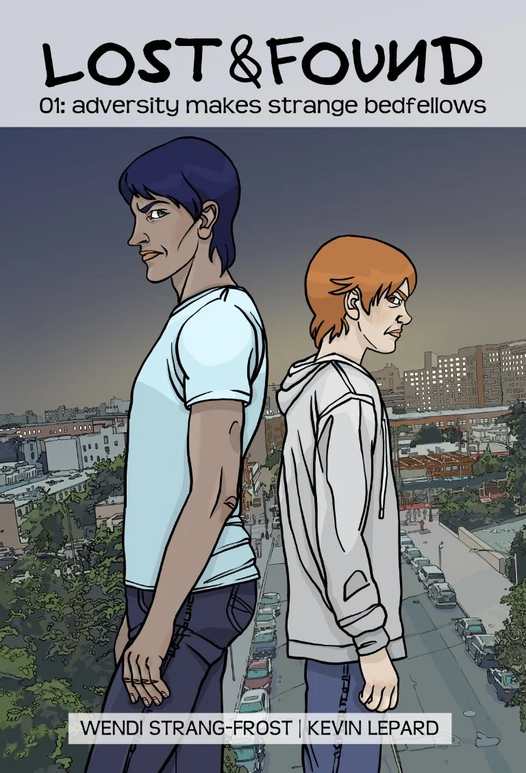 The cover of Lost&Found 01 showing Henry and Joel back to back in front of a view of New York City.