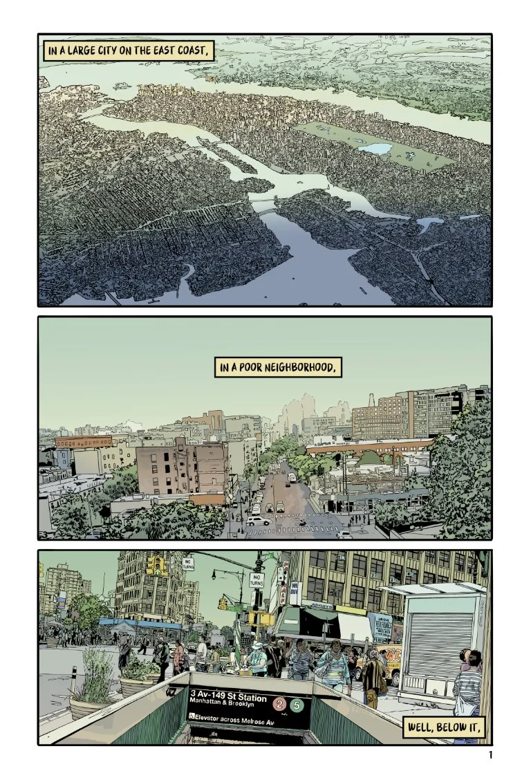 Page 1 of Lost&Found with 3 panels going from a bird's eye view of New York City to a granular view of a subway station entrance.