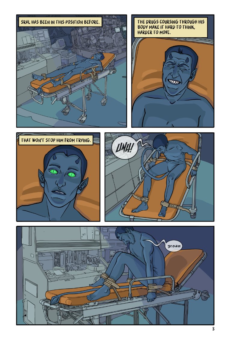 Page 3 of Lost&Found with 5 panels showing Sral coming to, realizing he's trapped, and trying to escape.