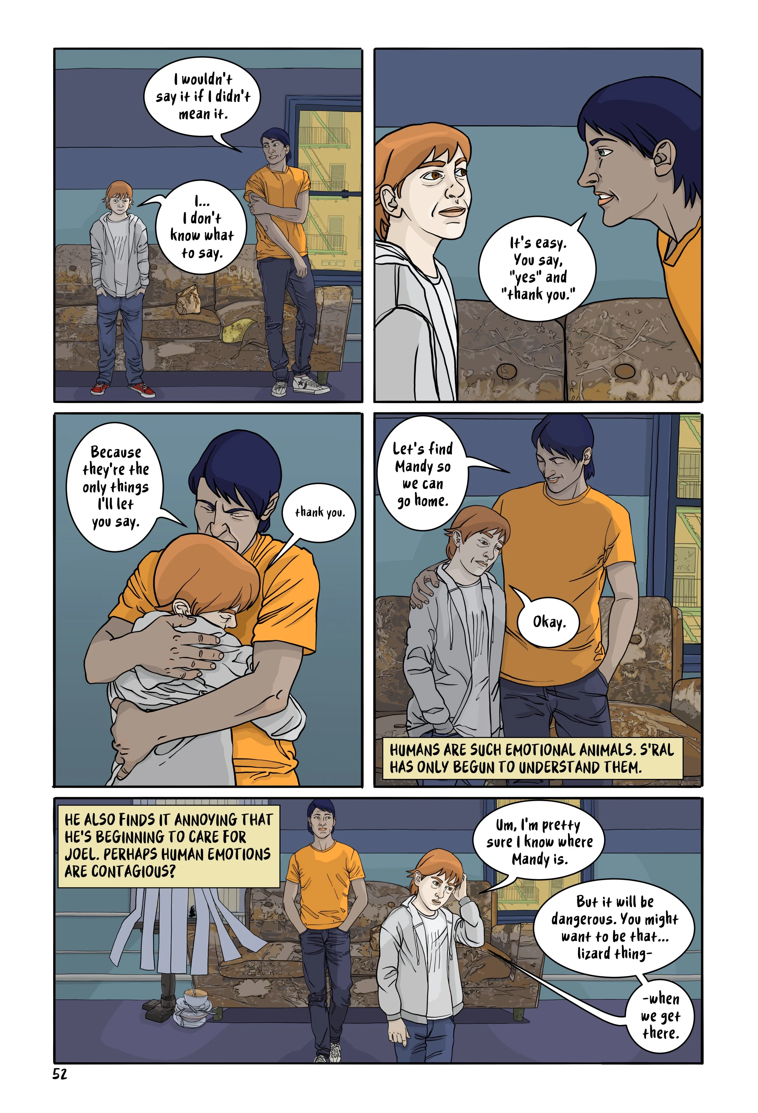 Page 52 of Lost&Found with 5 panels showing Henry finally winning the argument with Joel. In the last panel Joel is heading towards the door to the apartment.