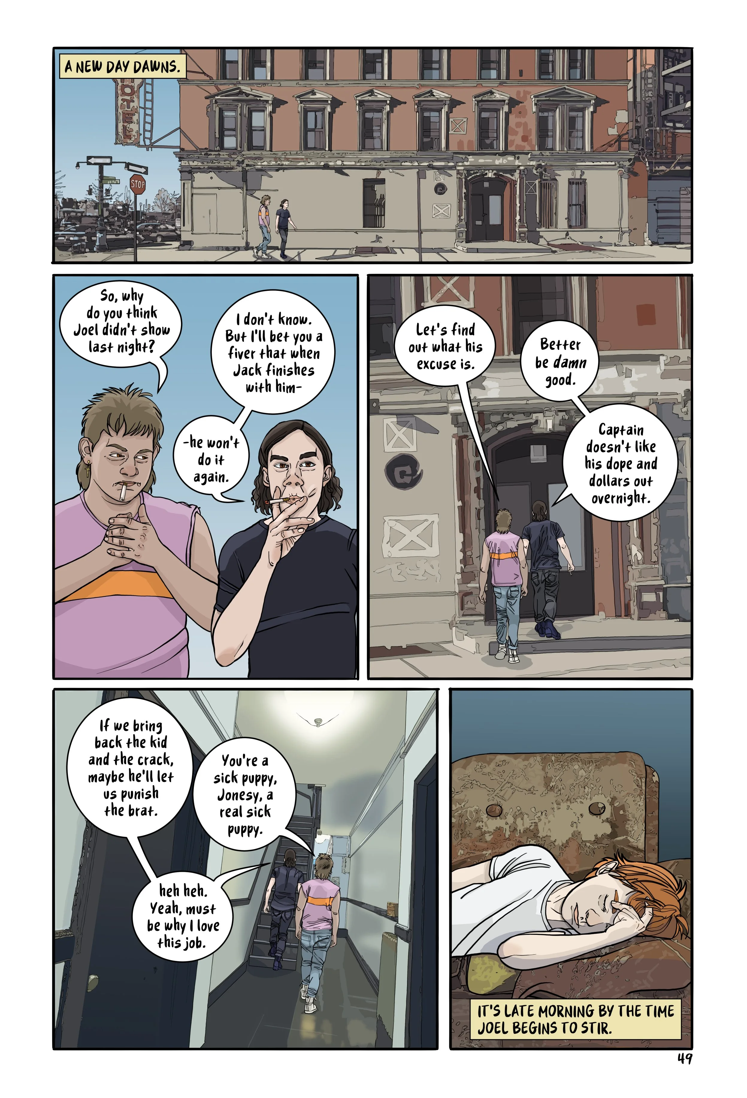 Page 49 of Lost&Found with five panels showing members of Joel's drug gang coming to get the drug money he forgot to deliver. The last panel shows Joel innocently asleep.