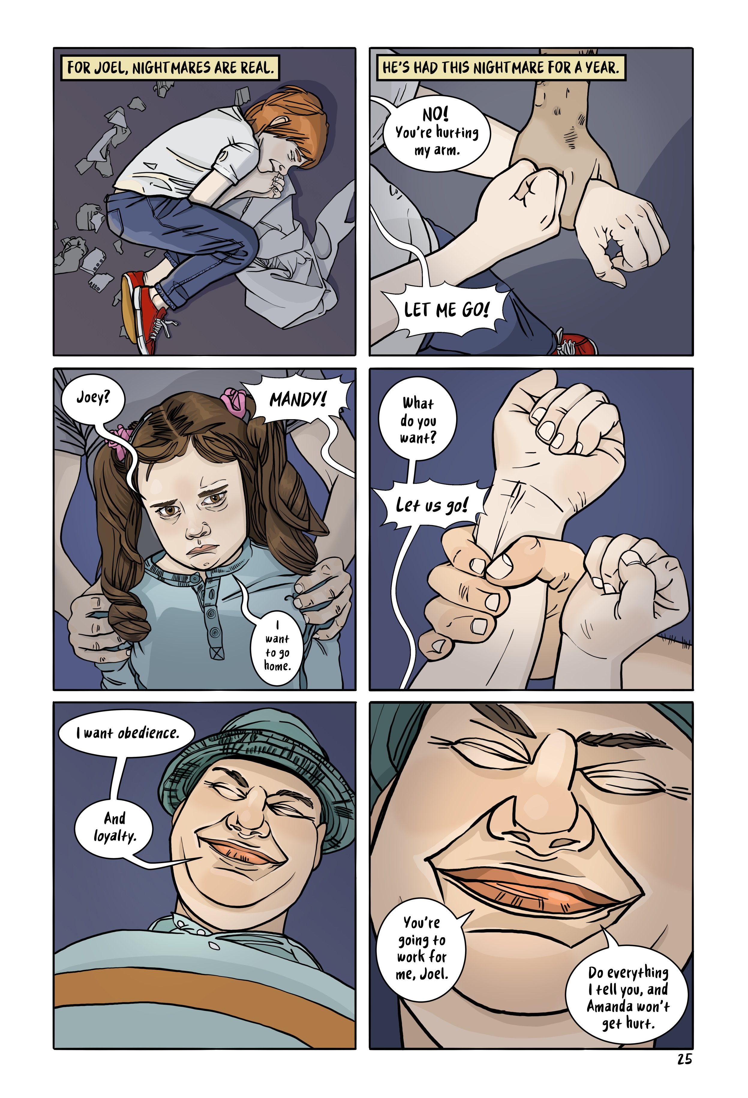Page 25 of Lost&Found with 6 panels showing Joel's nightmare of being abused at the hands of Jack, the villain of the story.